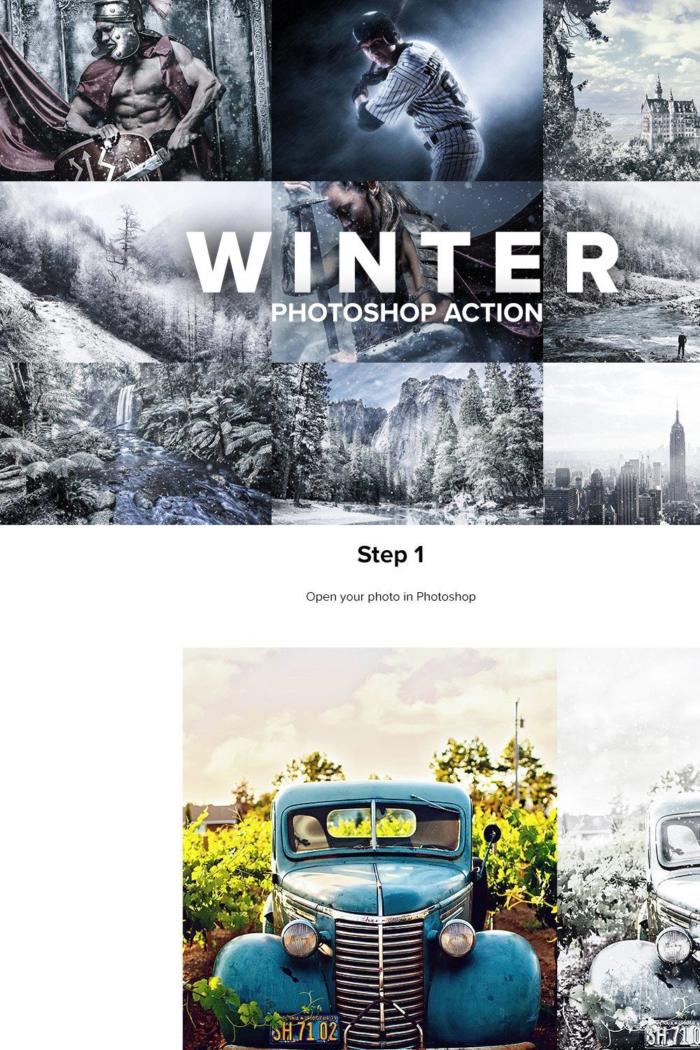 Winter Photoshop Actions pinterest preview image.