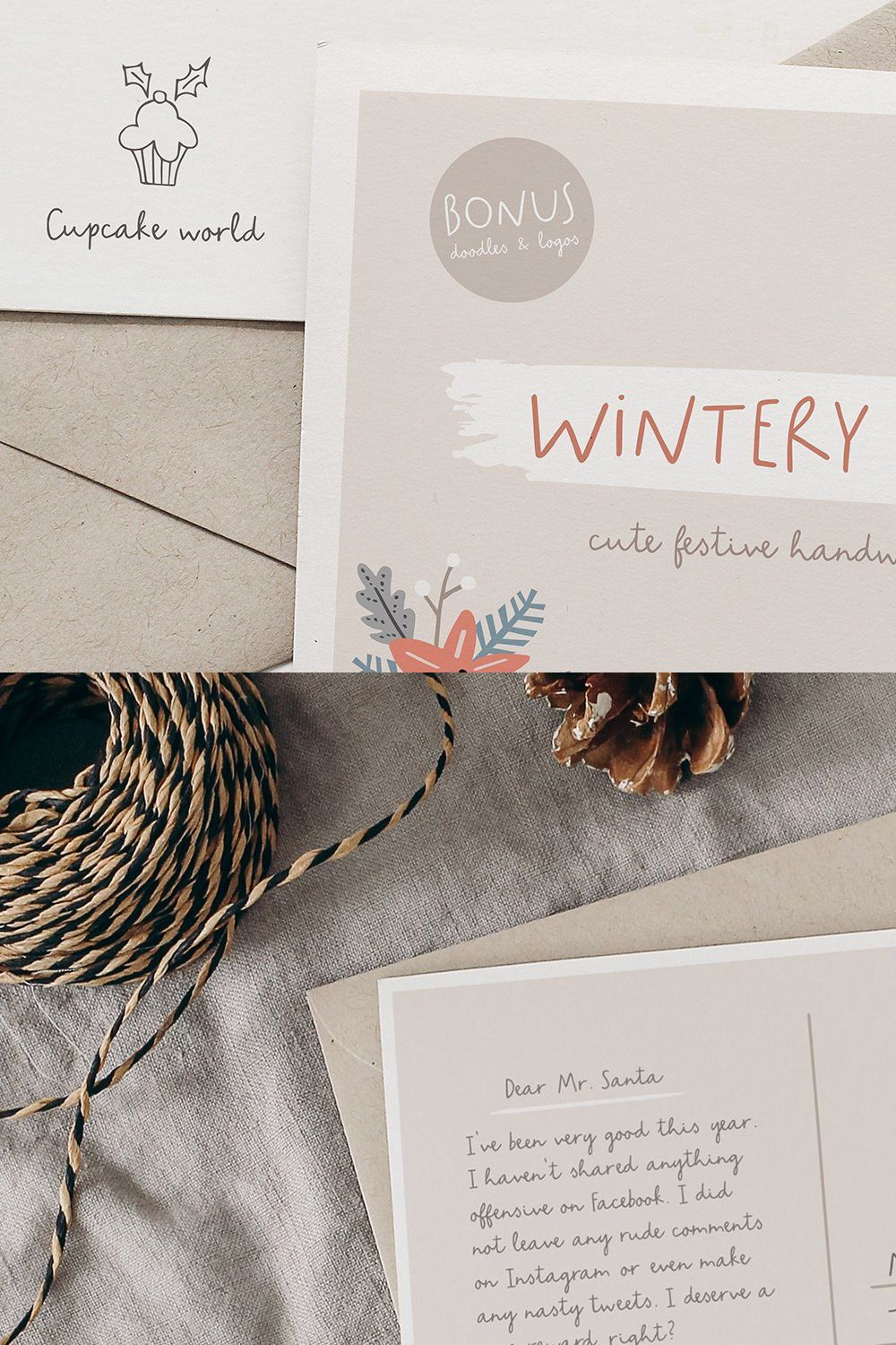 Wintery Holidays font duo, logos pinterest preview image.
