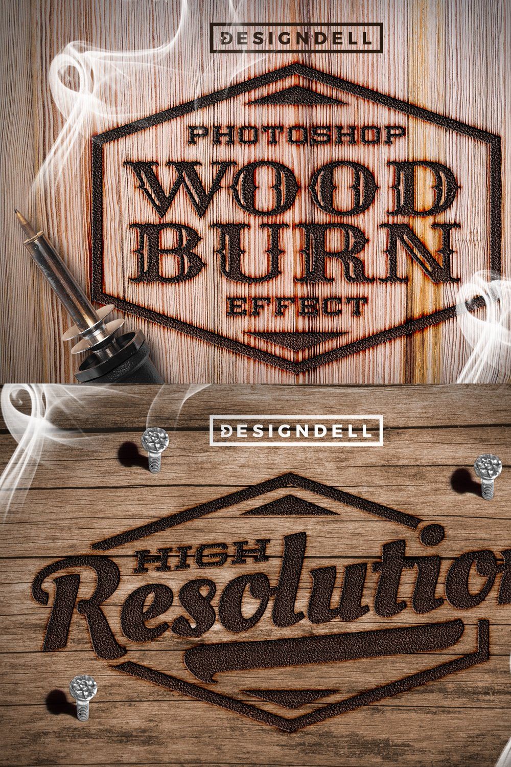 Wood Burn Photoshop Effects pinterest preview image.