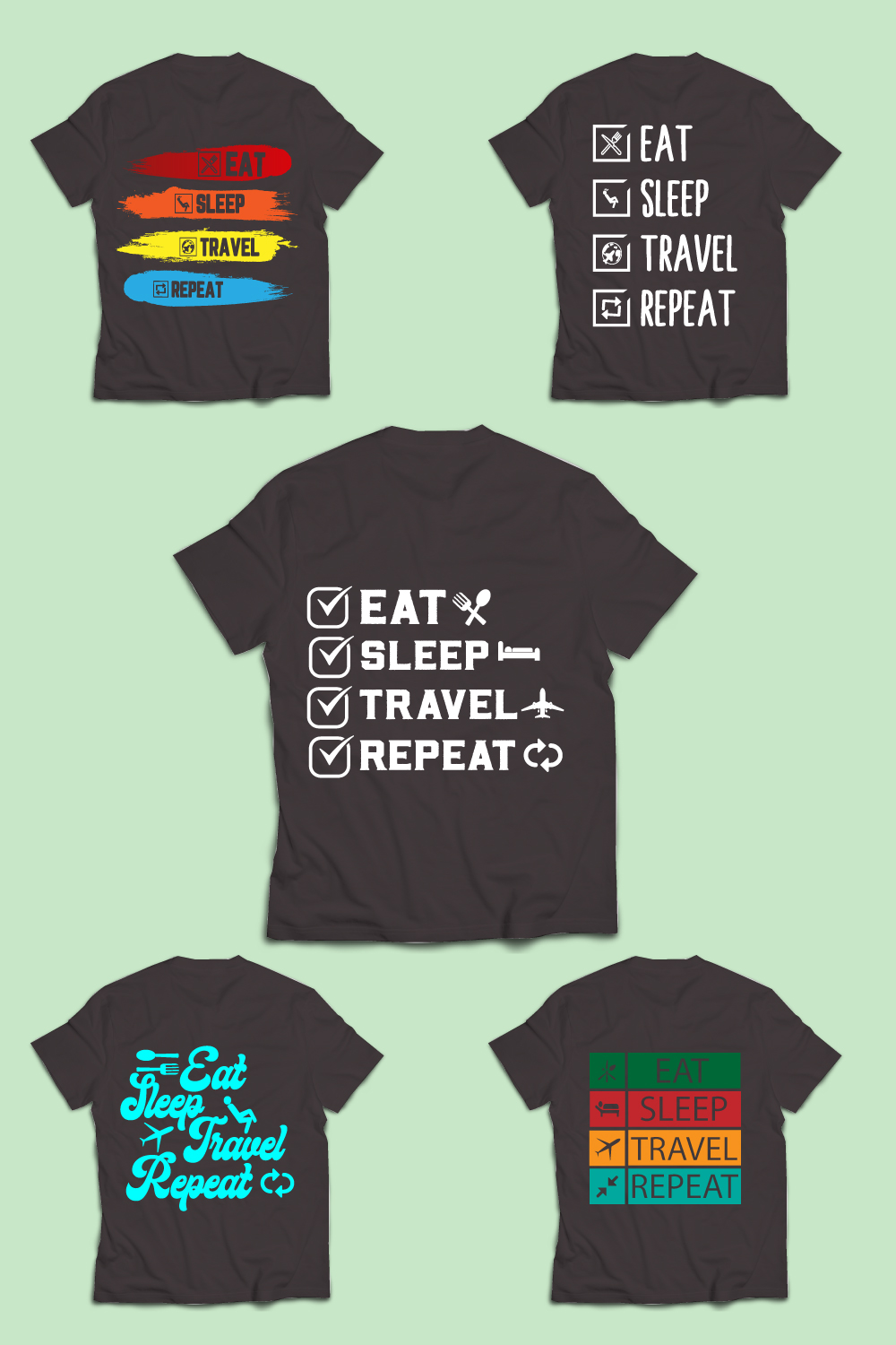 Eat Sleep travel Repeat Typography T-Shirt Design pinterest preview image.