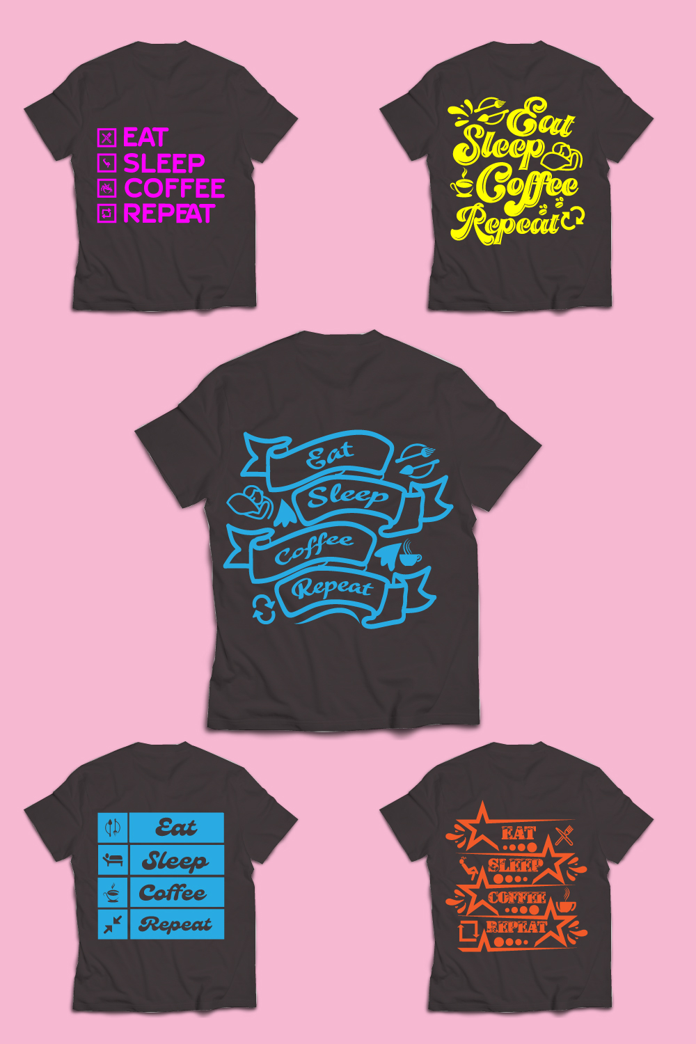 Eat Sleep Coffee Repeat Typography T-Shirt Design pinterest preview image.