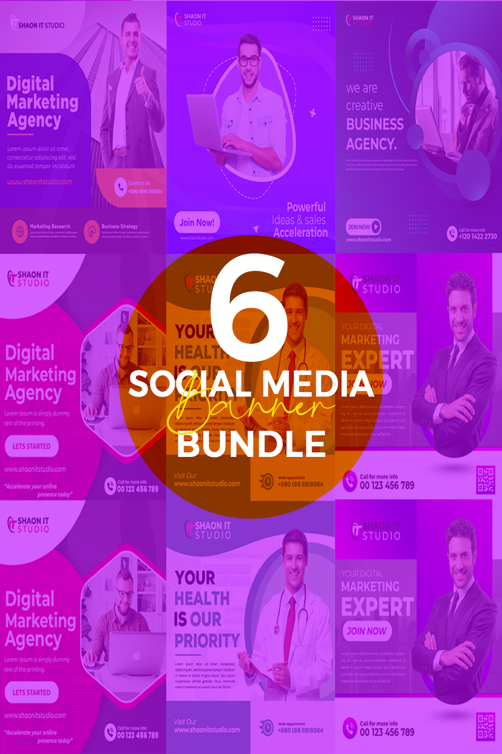 Social Media Bundle Pack Digital Marketing & Doctor Templates pinterest preview image.