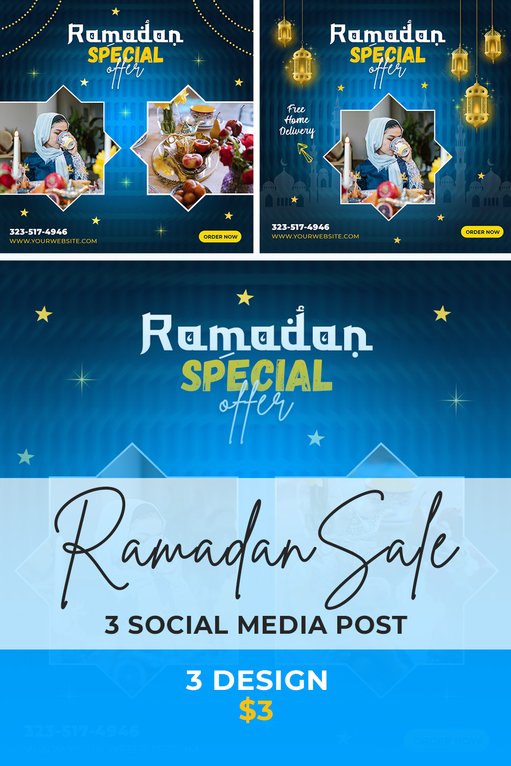 3 Beautiful Ramadan Kareem sale festival religious social media promotion banners- only $3 pinterest preview image.