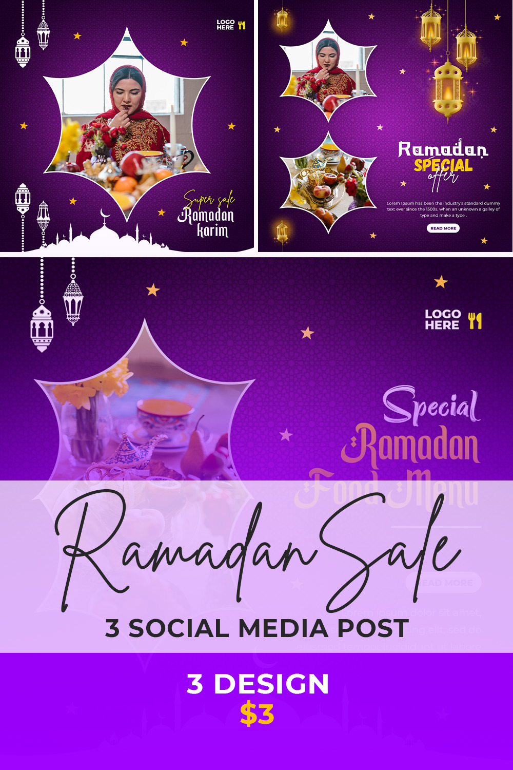 3 Beautiful Ramadan Kareem sale festival religious social media promotion banners- only $3 pinterest preview image.