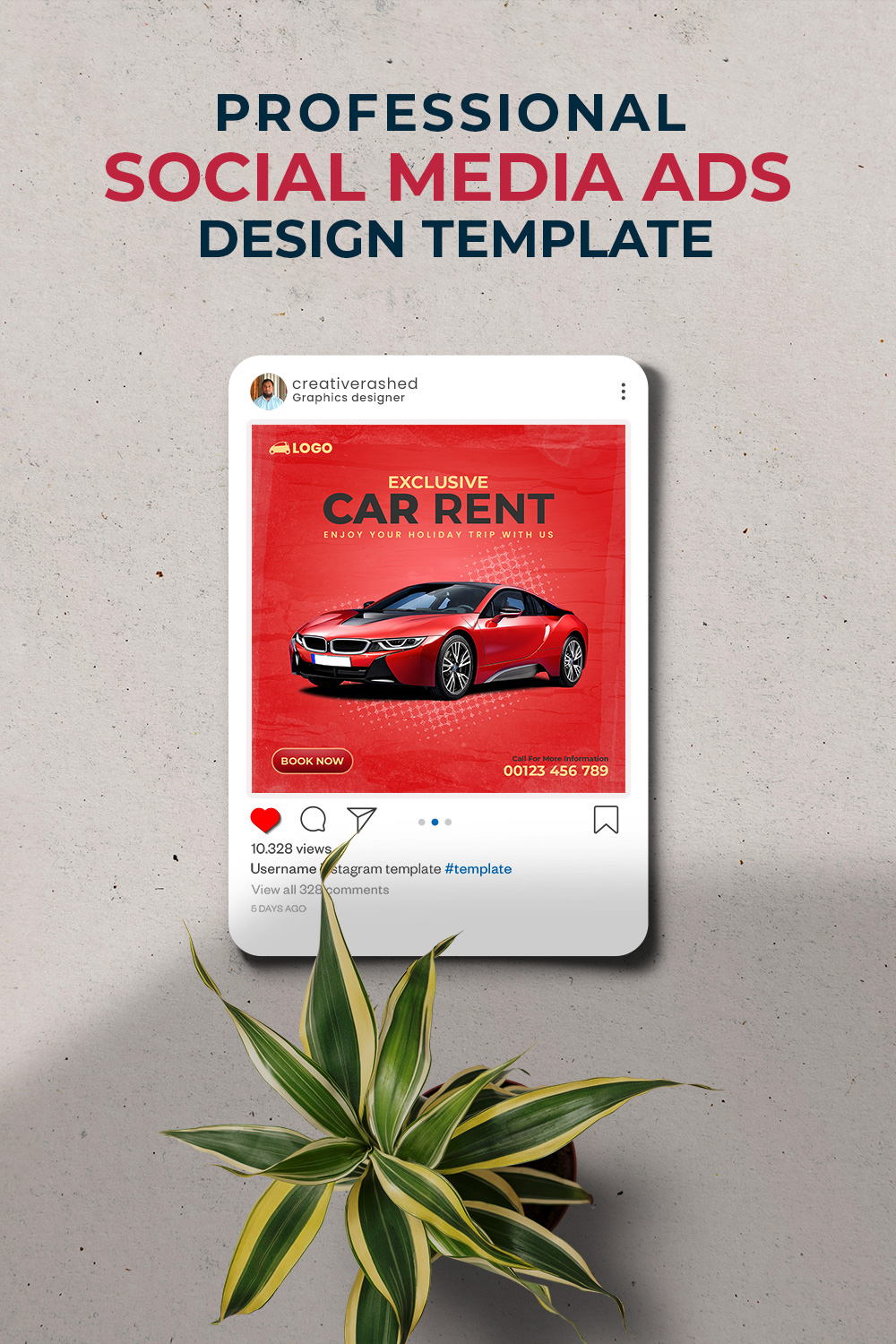 Professional & Creative Car Rent Social Media Ads Design Banner Template pinterest preview image.