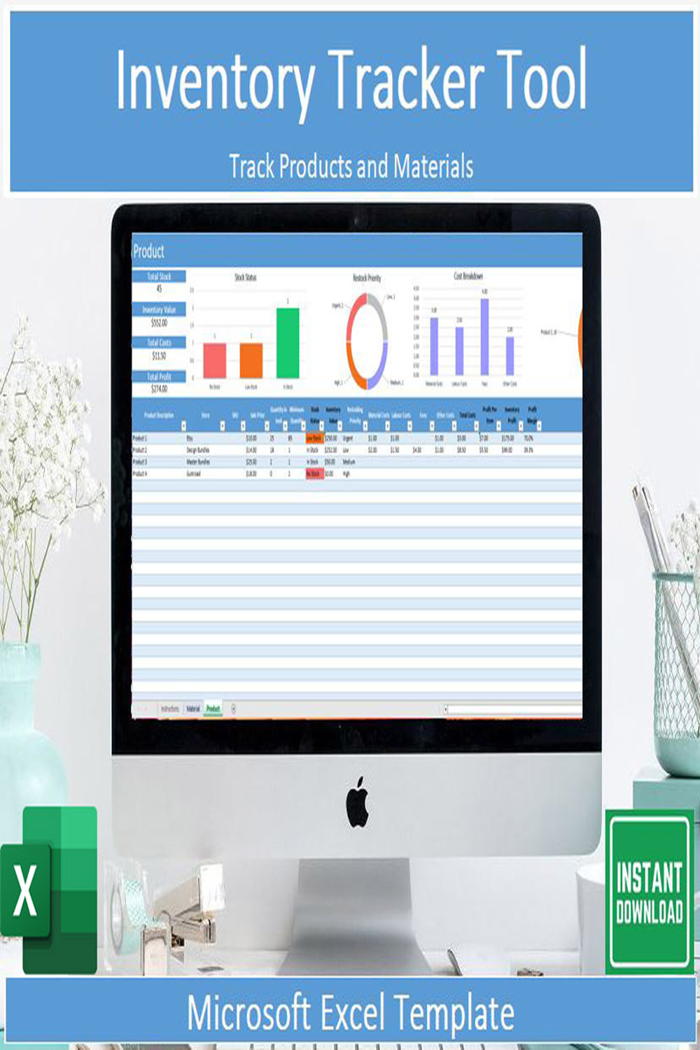 Inventory Tracker, Inventory Management Spreadsheet, Microsoft Excel, Inventory Template, Business Tracker, Material & Product Inventory pinterest preview image.