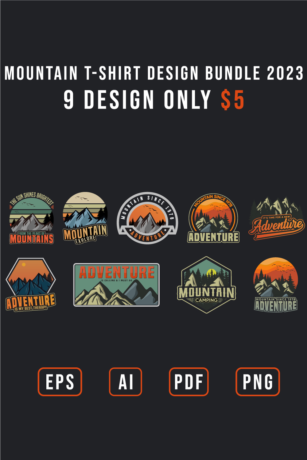 Mountain camping t-shirt design 2023 pinterest preview image.