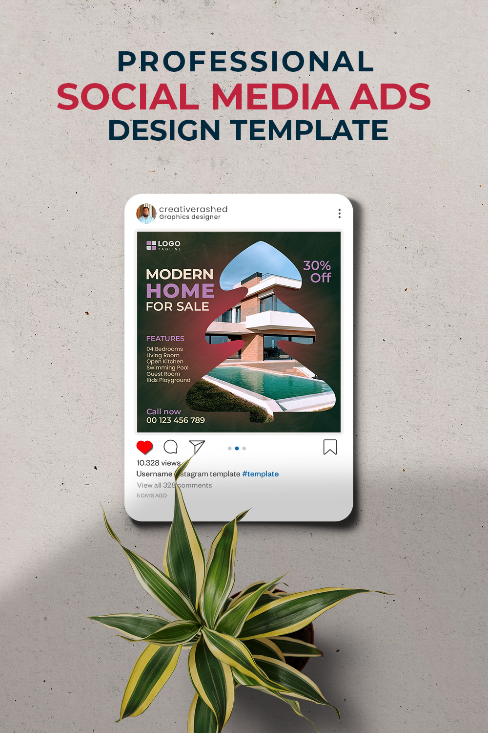 Professional & Creative Modern Home For Sale Social Media Ads Design Template pinterest preview image.