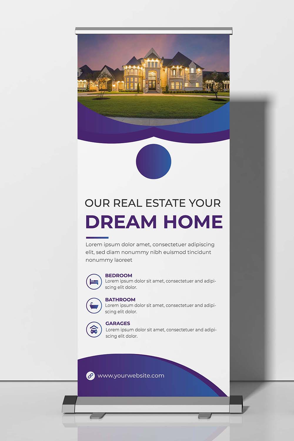 Real estate Roll Up banner or pull up banner or stand banner or x banner and billboard signage design template, Home Property Sale Banner, modern x-banner, rectangle size, Real estate poster leaflet design, print-ready, Roll Up Vector Eps Design pinterest preview image.