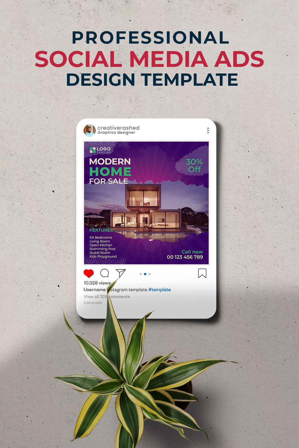 Professional & Creative Modern Home For Sale Social Media Ads Design Template pinterest preview image.