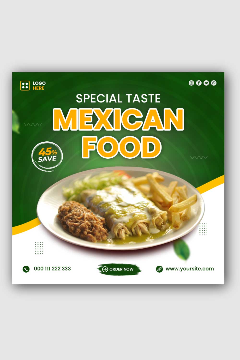 Mexican food Social Media Instagram Post Template pinterest preview image.