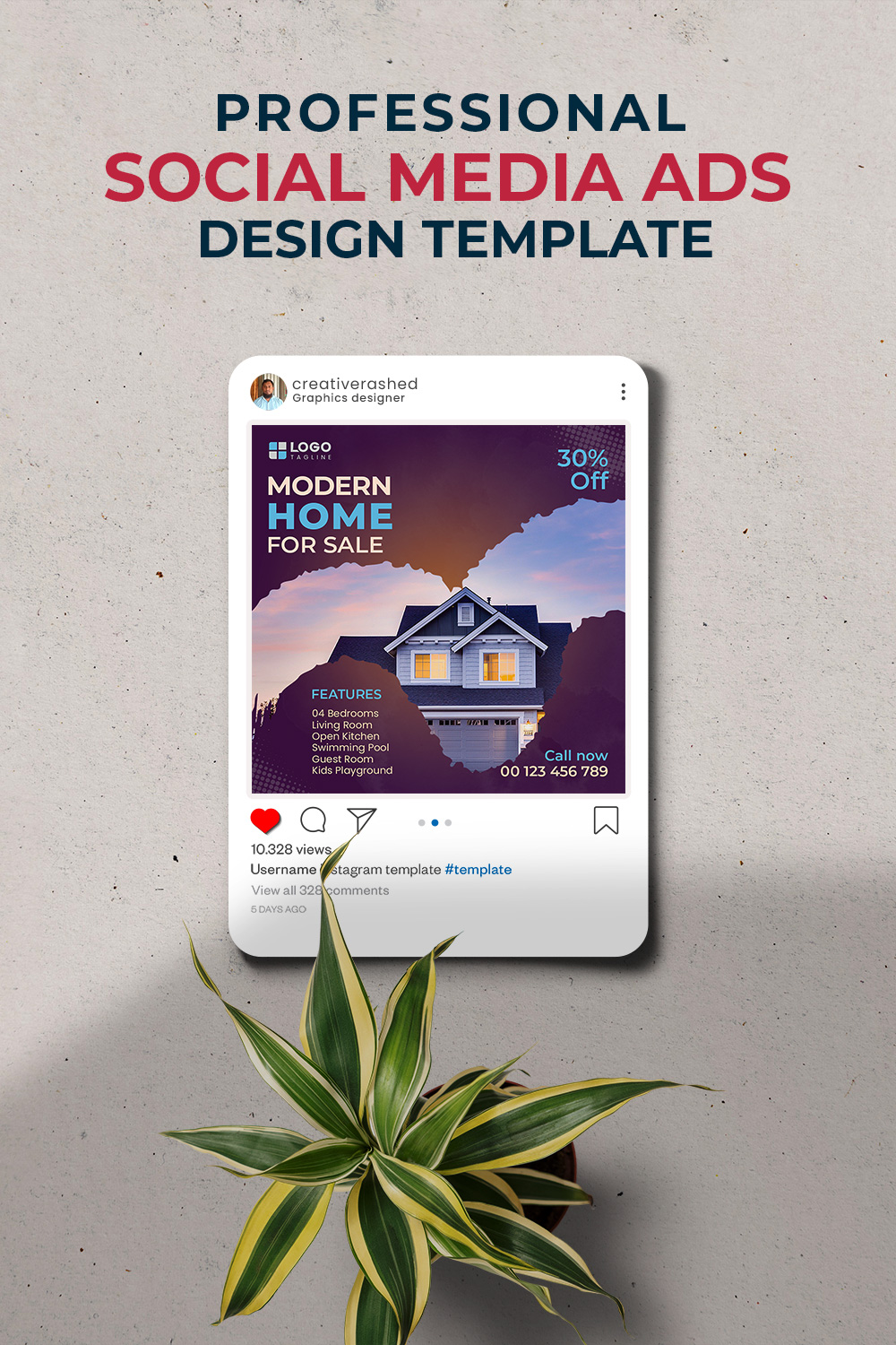 Professional & Creative Modern Home For Sale Social Media Ads Design Template pinterest preview image.