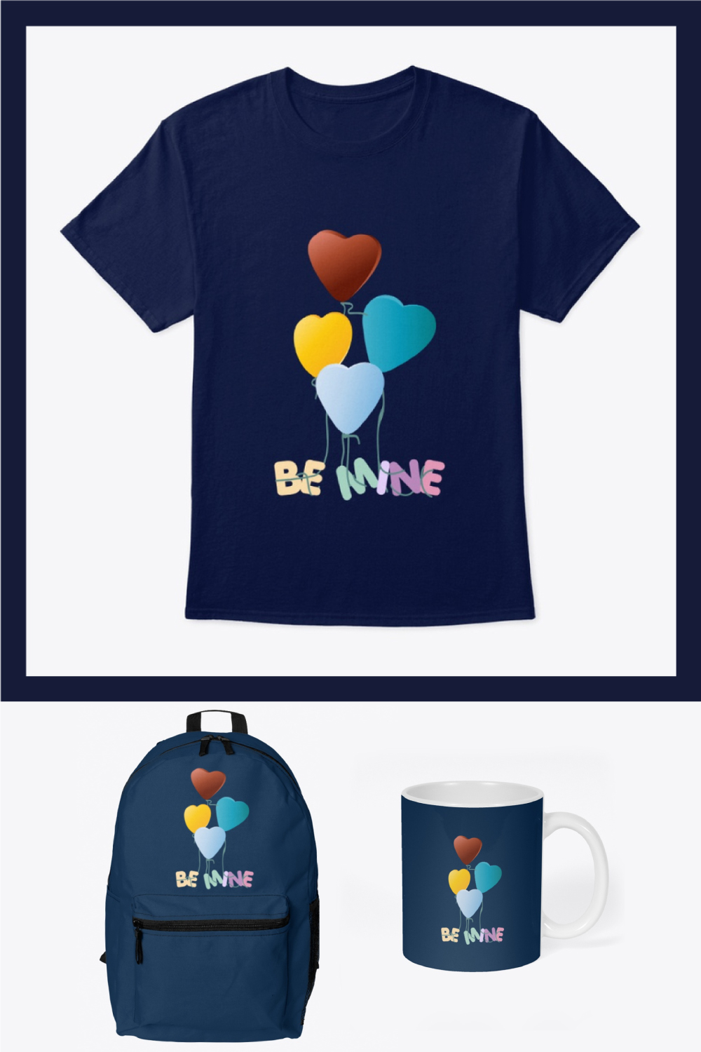Be Mine typography tshirt design with colorful love or heart shaped balloons pinterest preview image.