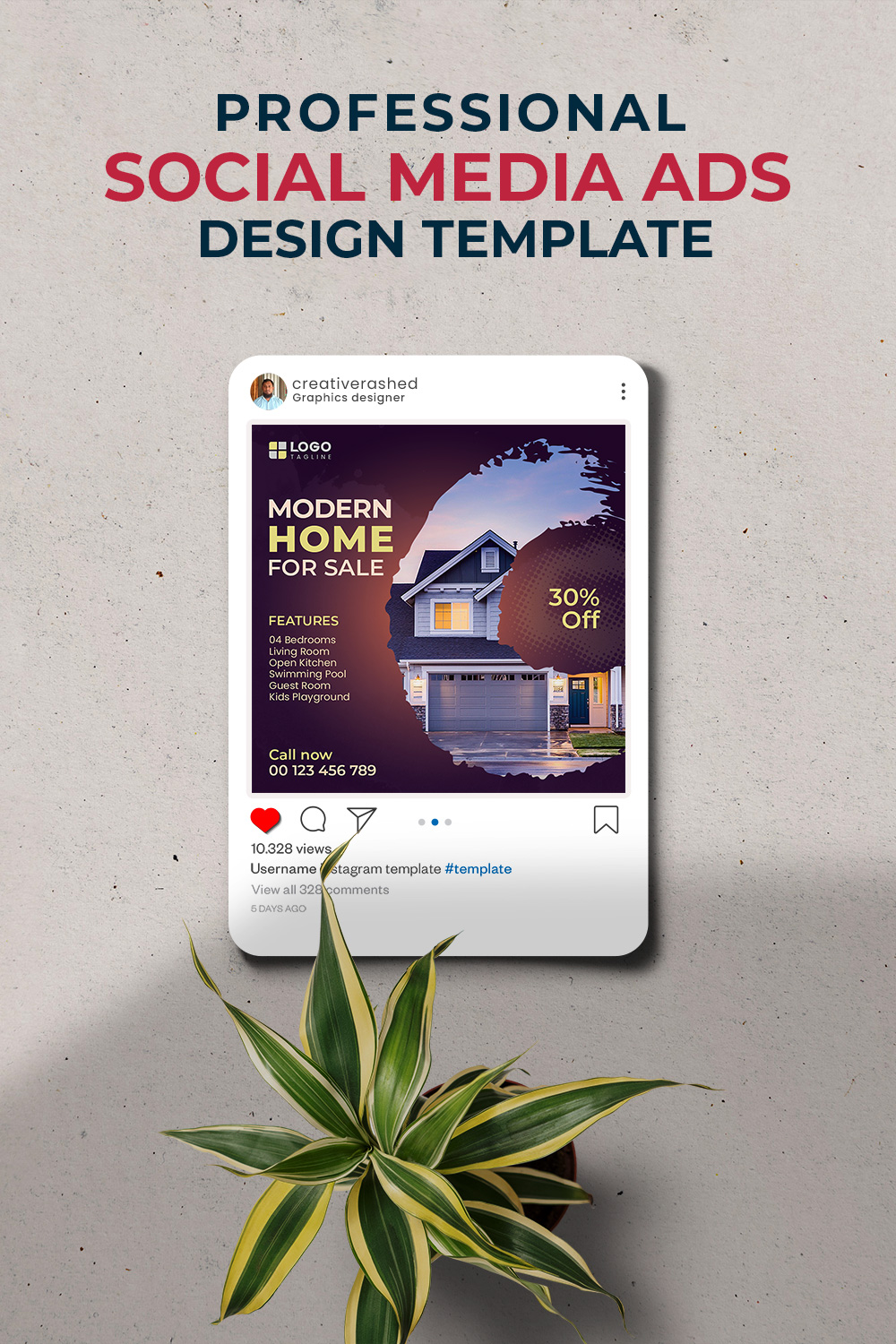 Professional & Creative Modern Home For Sale Social Media Ads Design Template pinterest preview image.