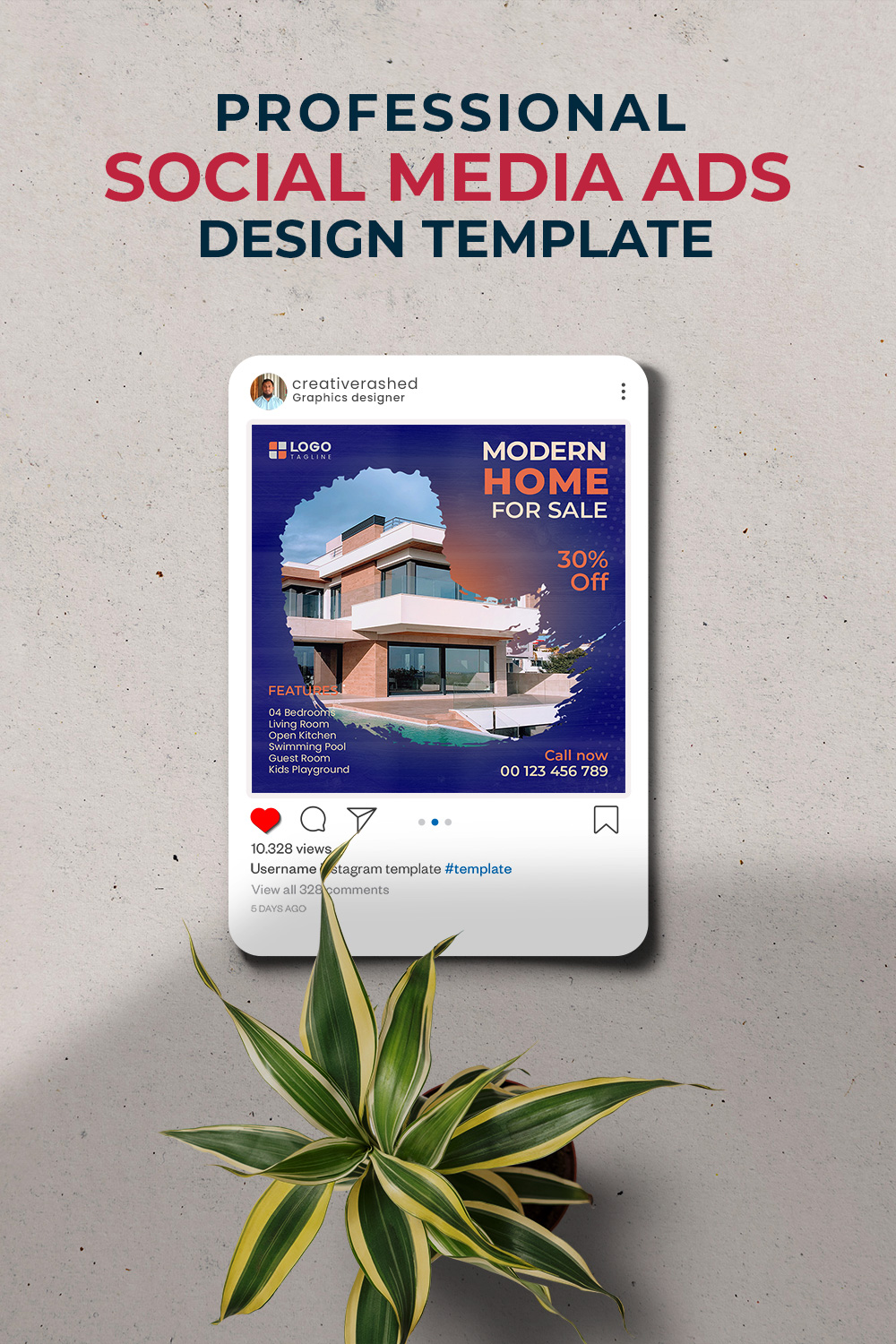 Professional & Creative Modern Home For Sale Social Media Ads Design Template pinterest preview image.