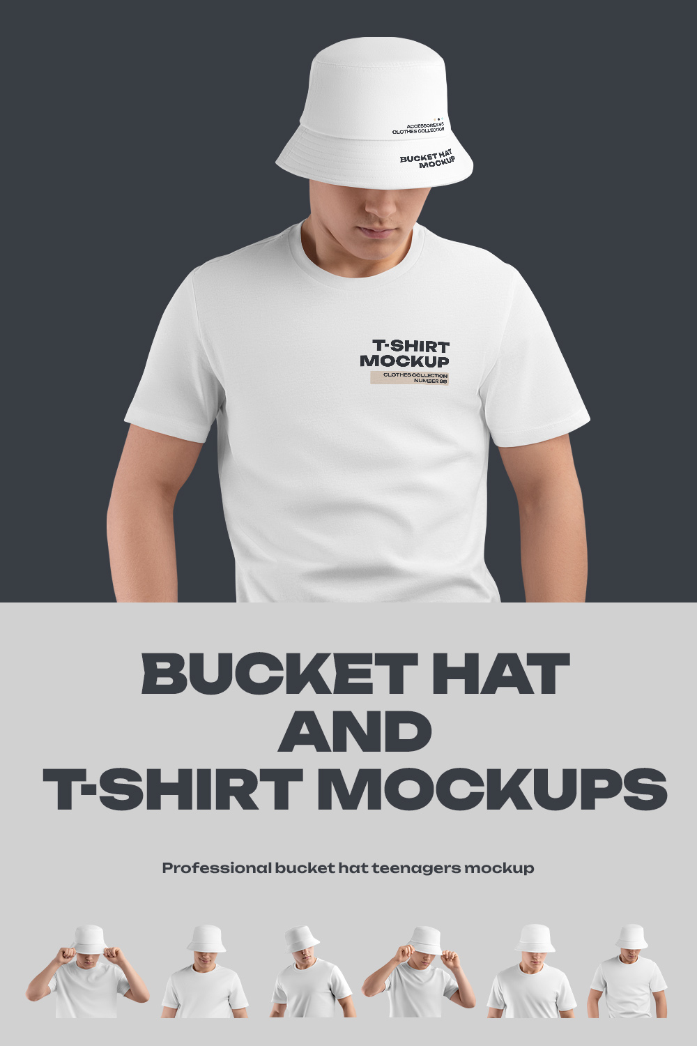 6 Mockups Bucket Hat and T-Shirt pinterest preview image.