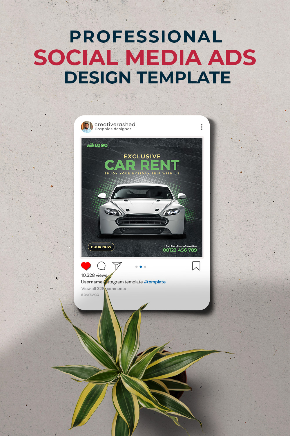 Professional & Creative Car Rent Social Media Ads Design Banner Template pinterest preview image.