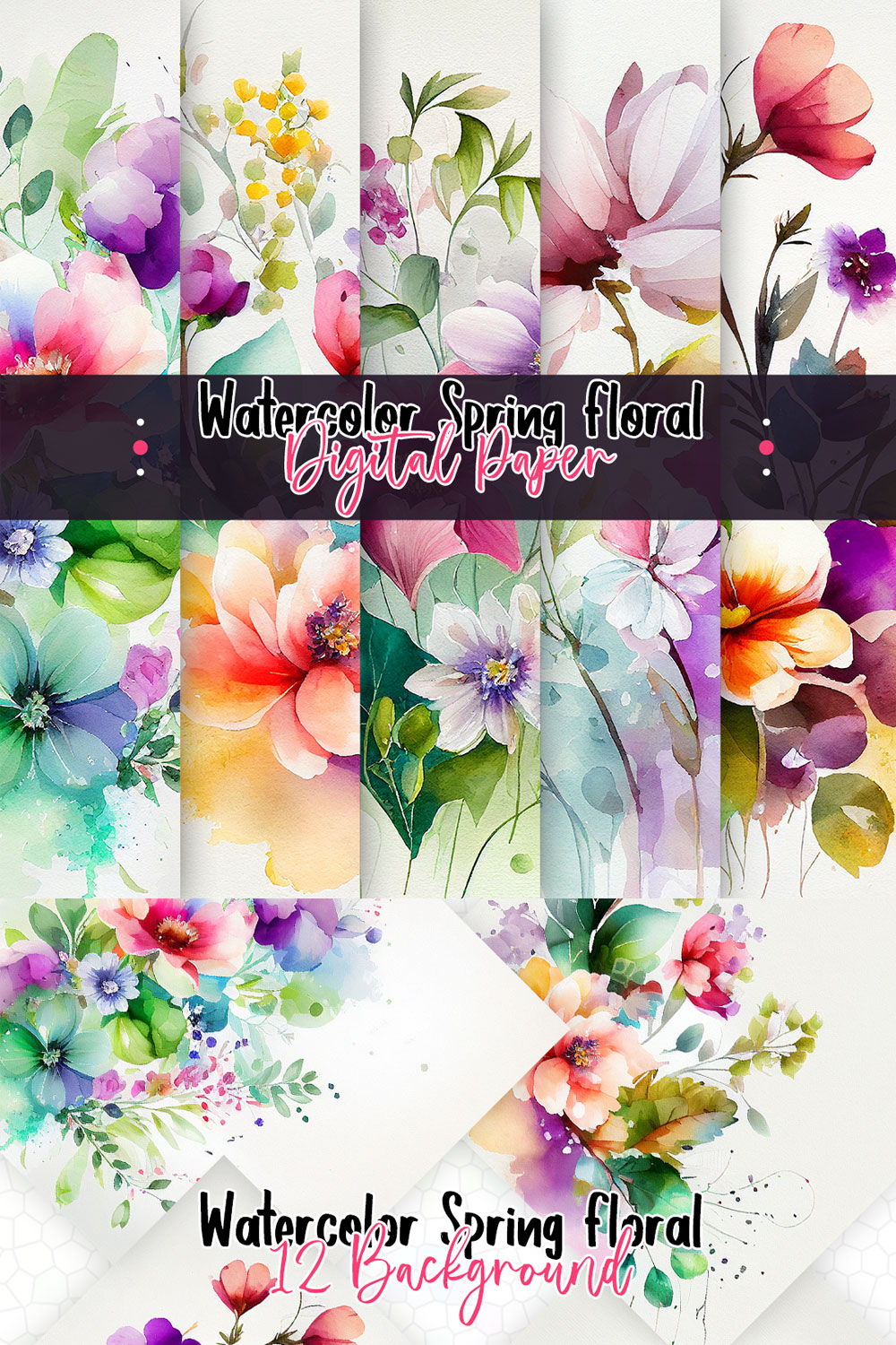 Watercolor Spring Floral Digital Paper pinterest preview image.