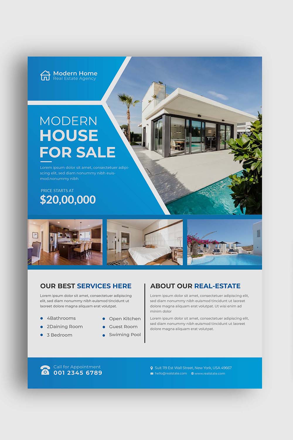 Real Estate Flyer Template Design, Modern Home Sale, Corporate Unique Flyer Design, Vector Flyer, Print Ready Template, In A4 Size Vector pinterest preview image.