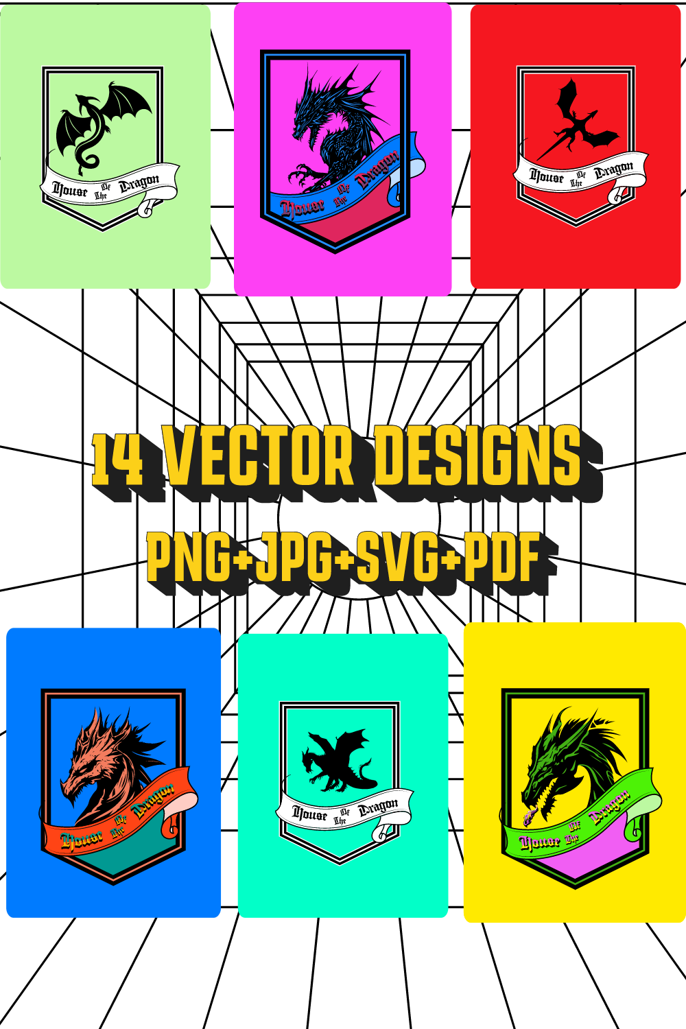 Pack of 14 different Designs of Dragons from House of the Dragon pinterest preview image.