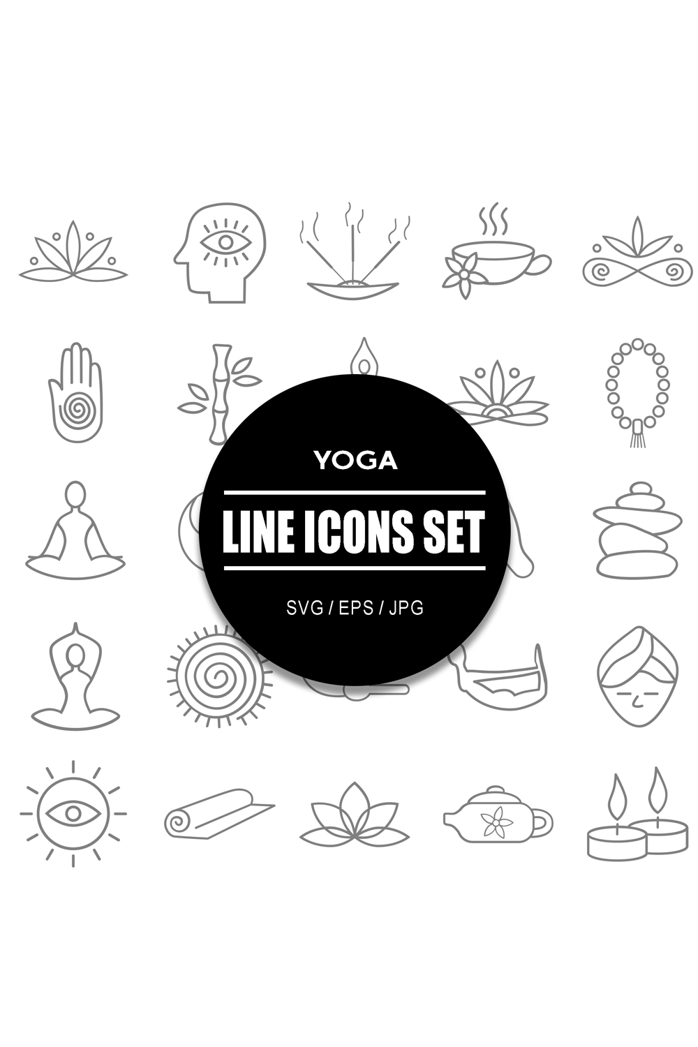 Yoga and Meditation Line Icon Set pinterest preview image.