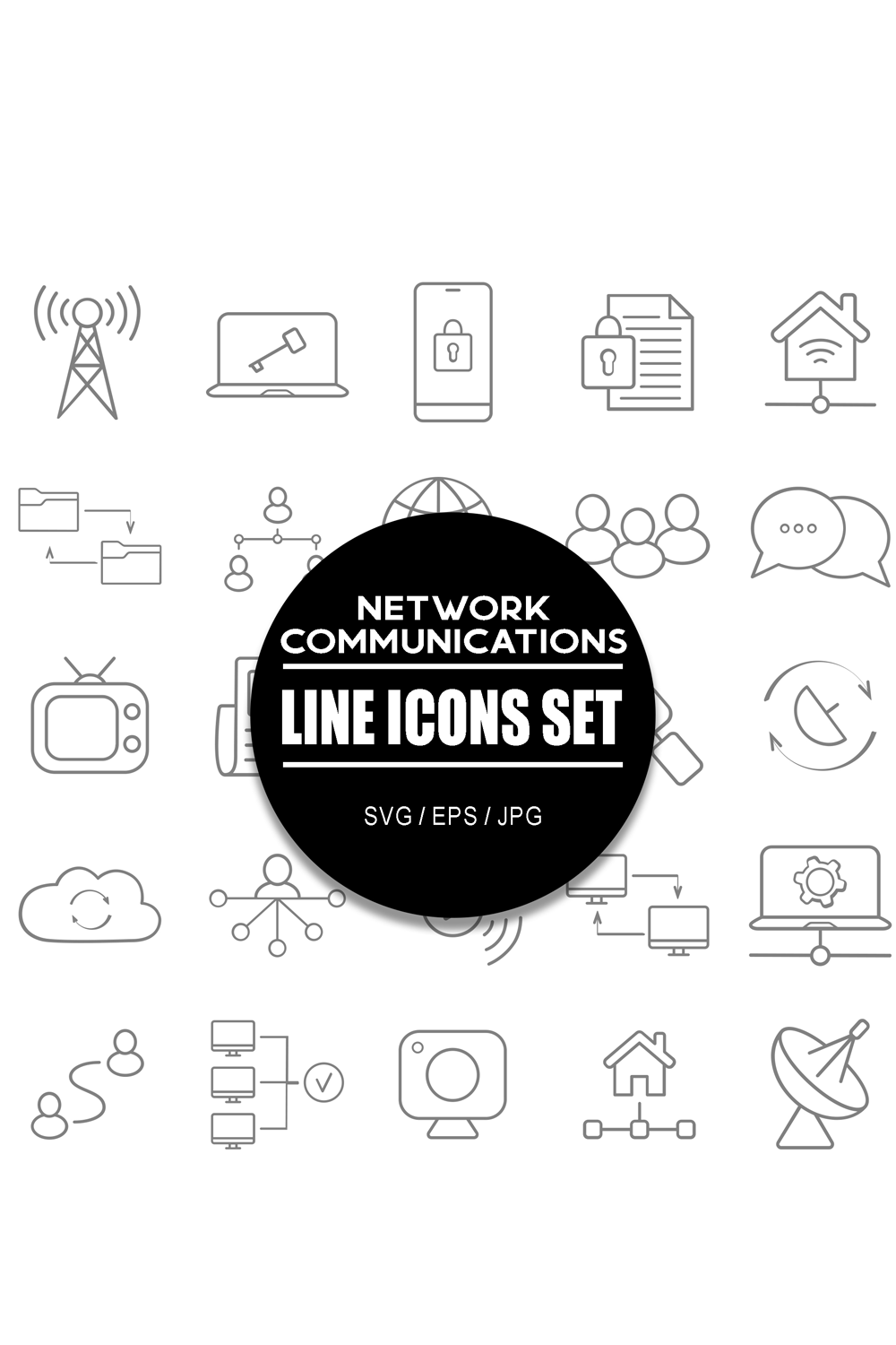 Network and Communications Line Icon Set pinterest preview image.