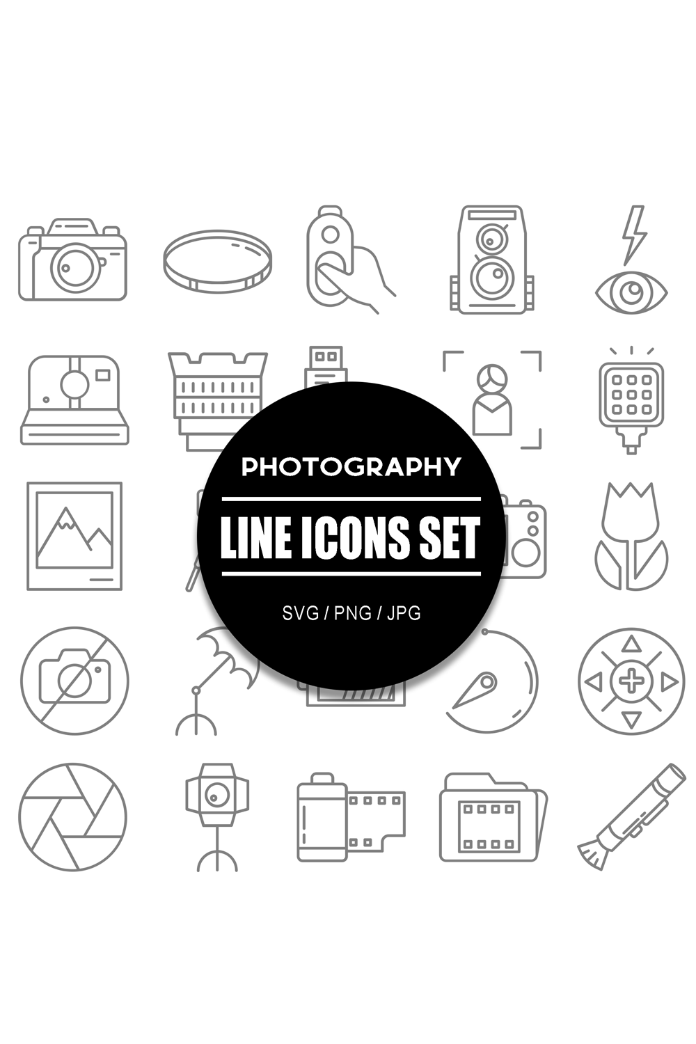 Photography Line Icon Set pinterest preview image.