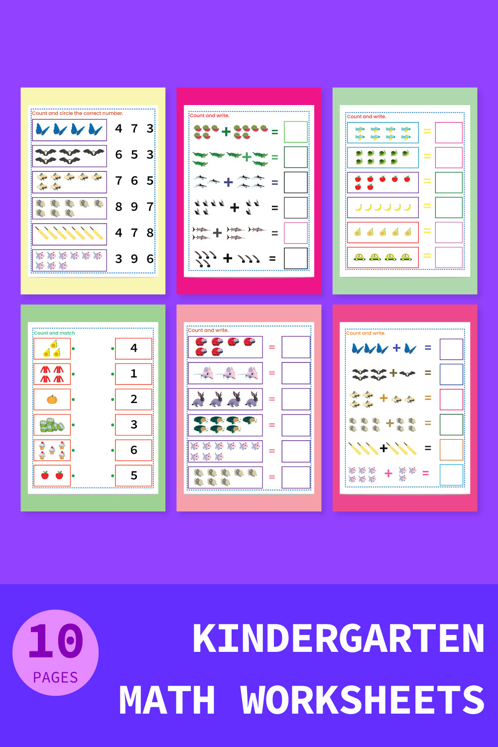 Kindergarten math Worksheets counting, matching and addition pinterest preview image.
