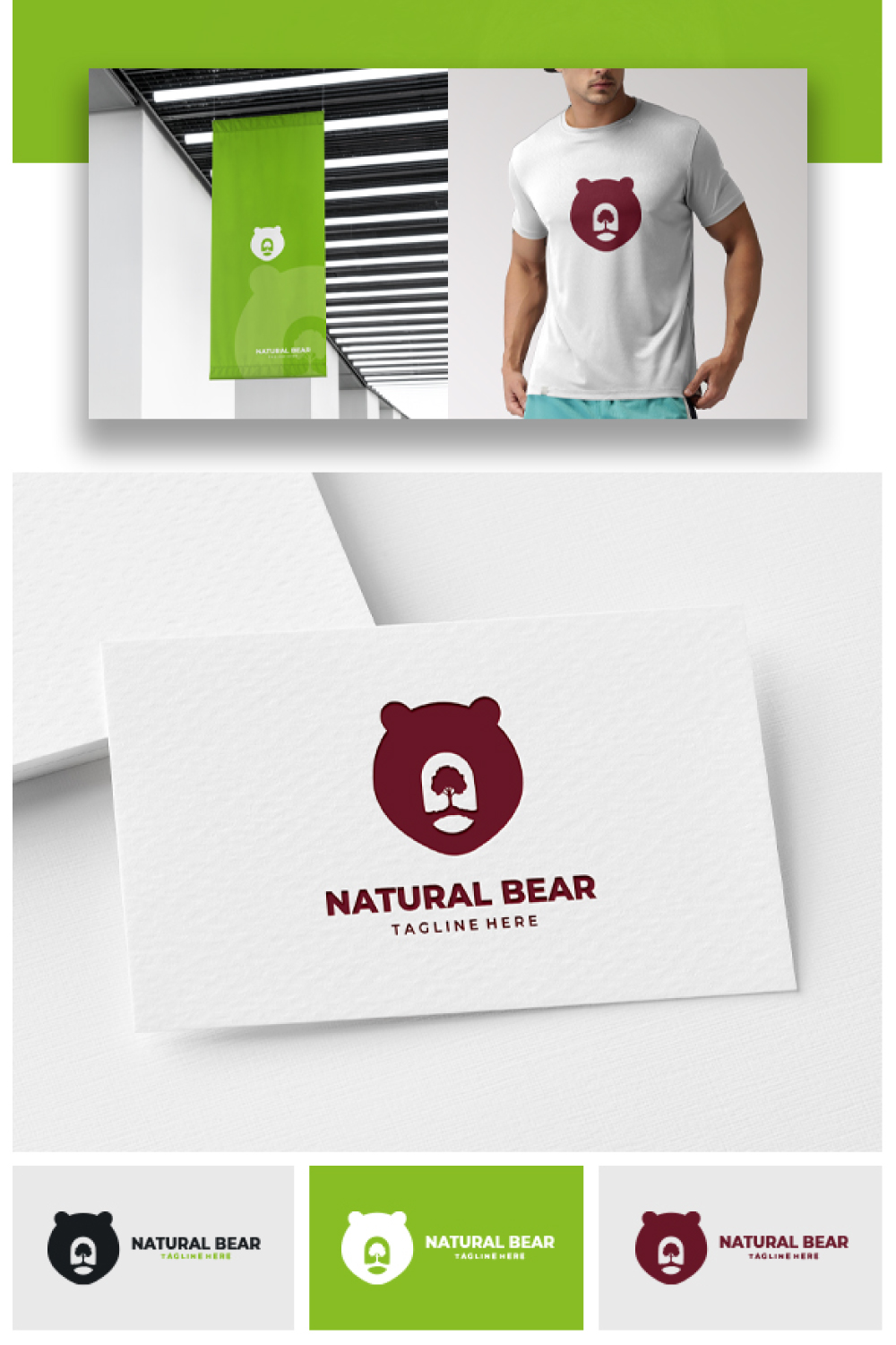 White and green business card with a bear on it.
