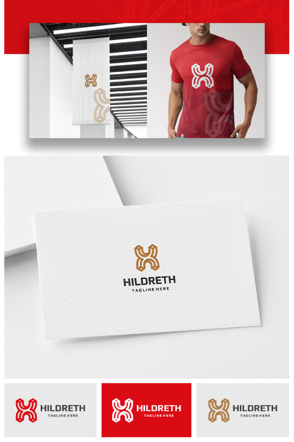 White and red business card with a man in a red shirt.