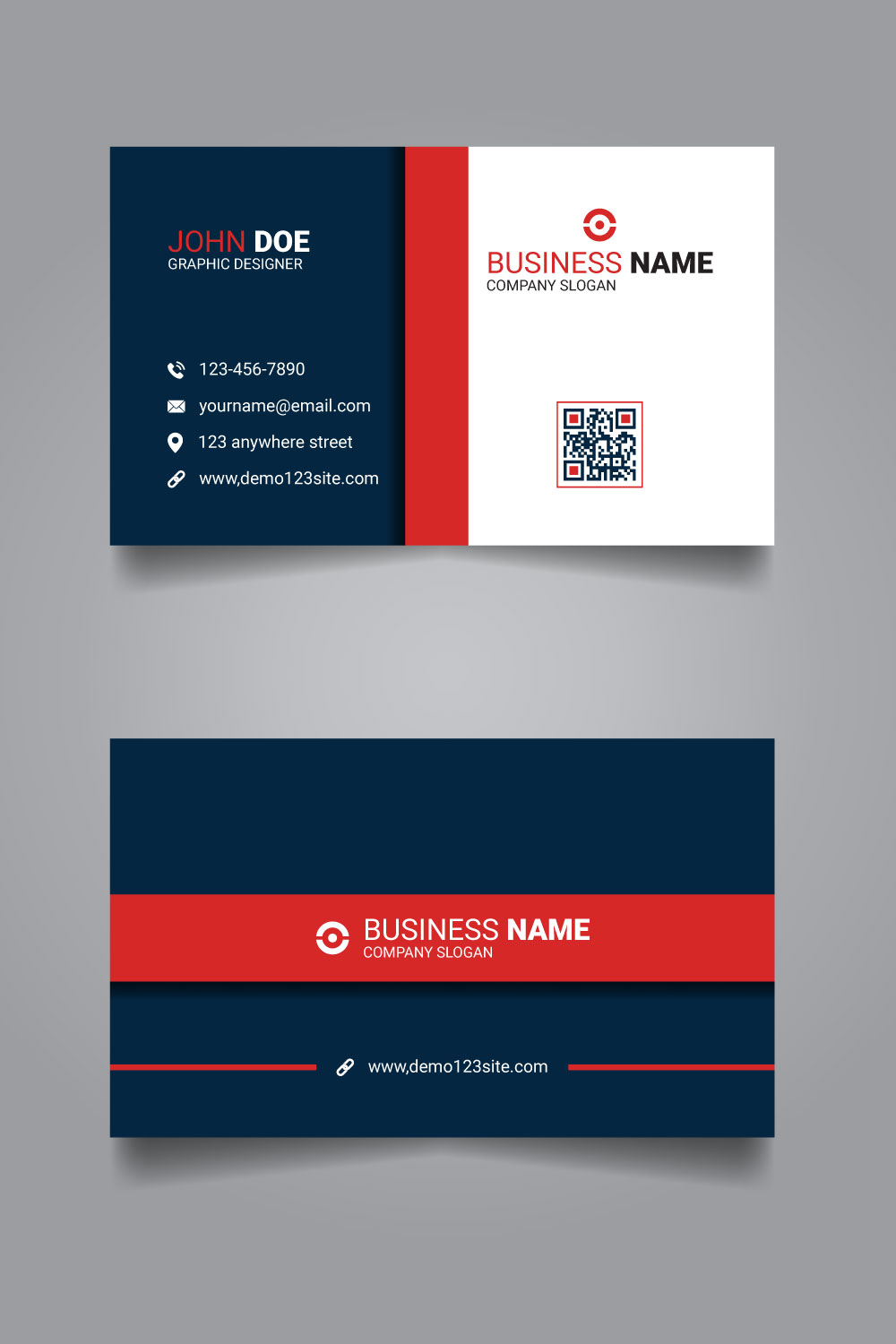 Blue and red modern business card pinterest preview image.