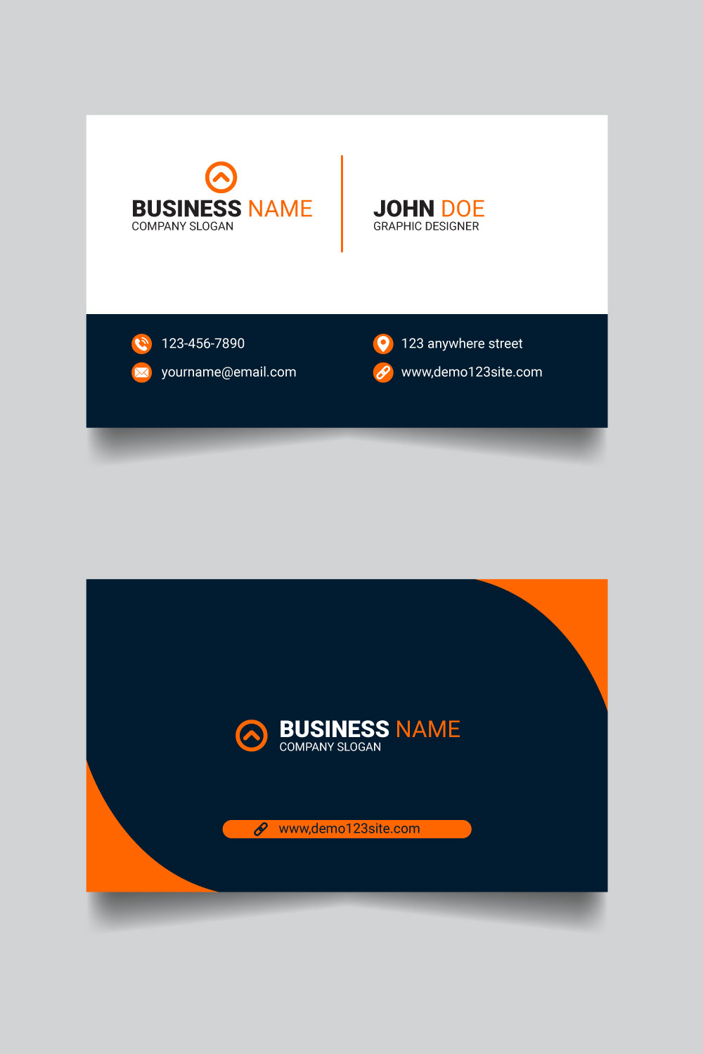 Abstract modern dark blue and orange color business card pinterest preview image.