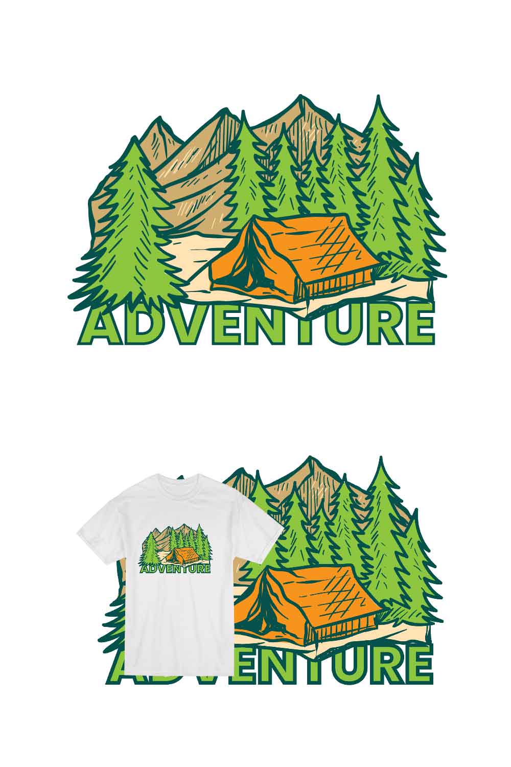 Adventure illustration with mountain and tent pinterest preview image.