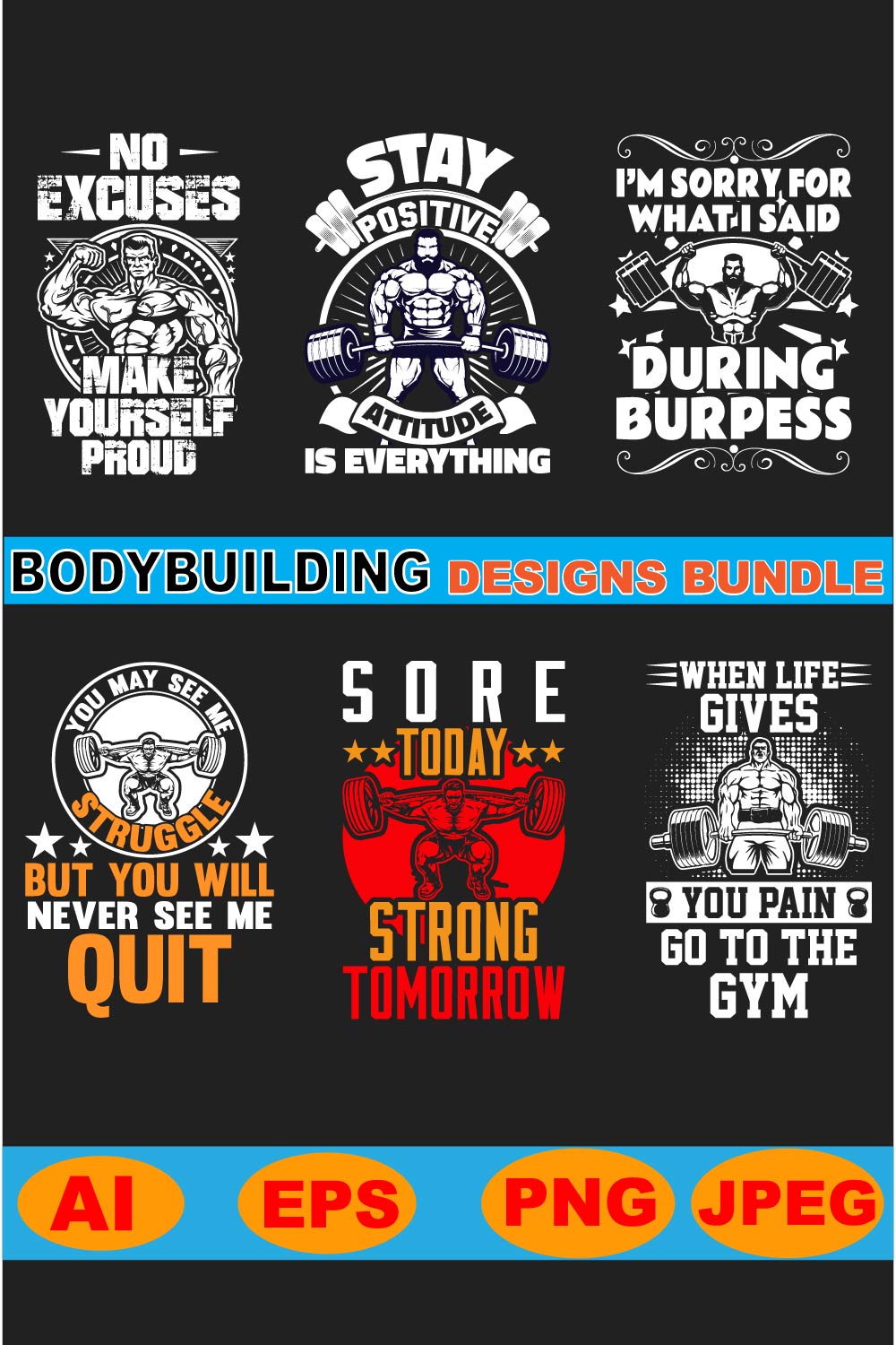 Bodybuilding/Gym T shirt designs bundle pinterest preview image.