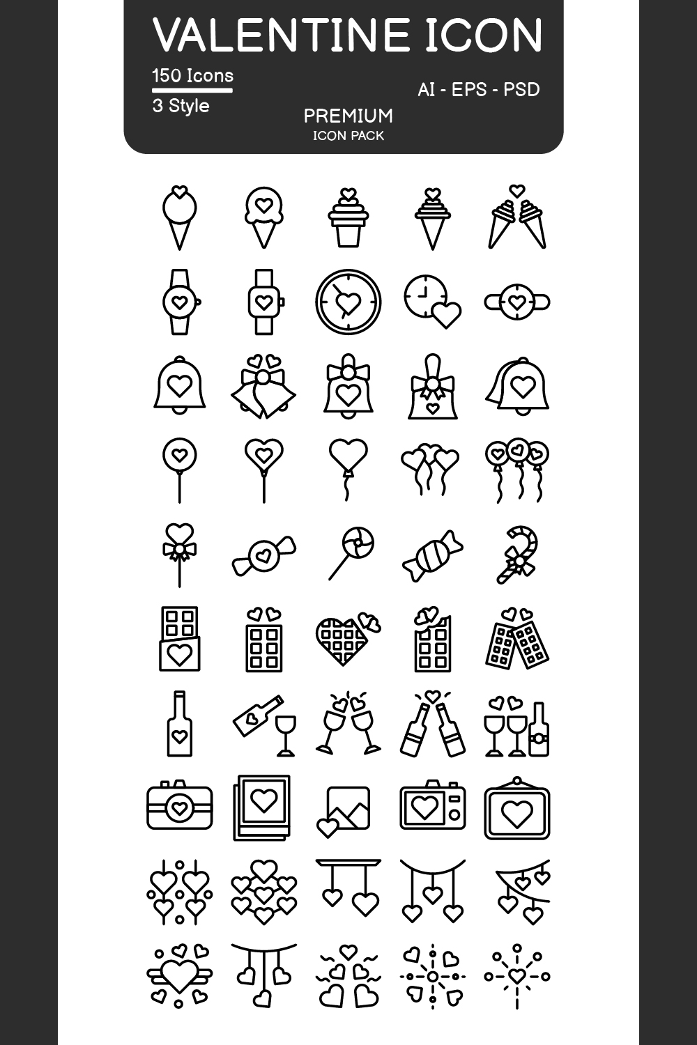 Valentine icon set 3 black style illustration vector element and symbol perfect. pinterest preview image.