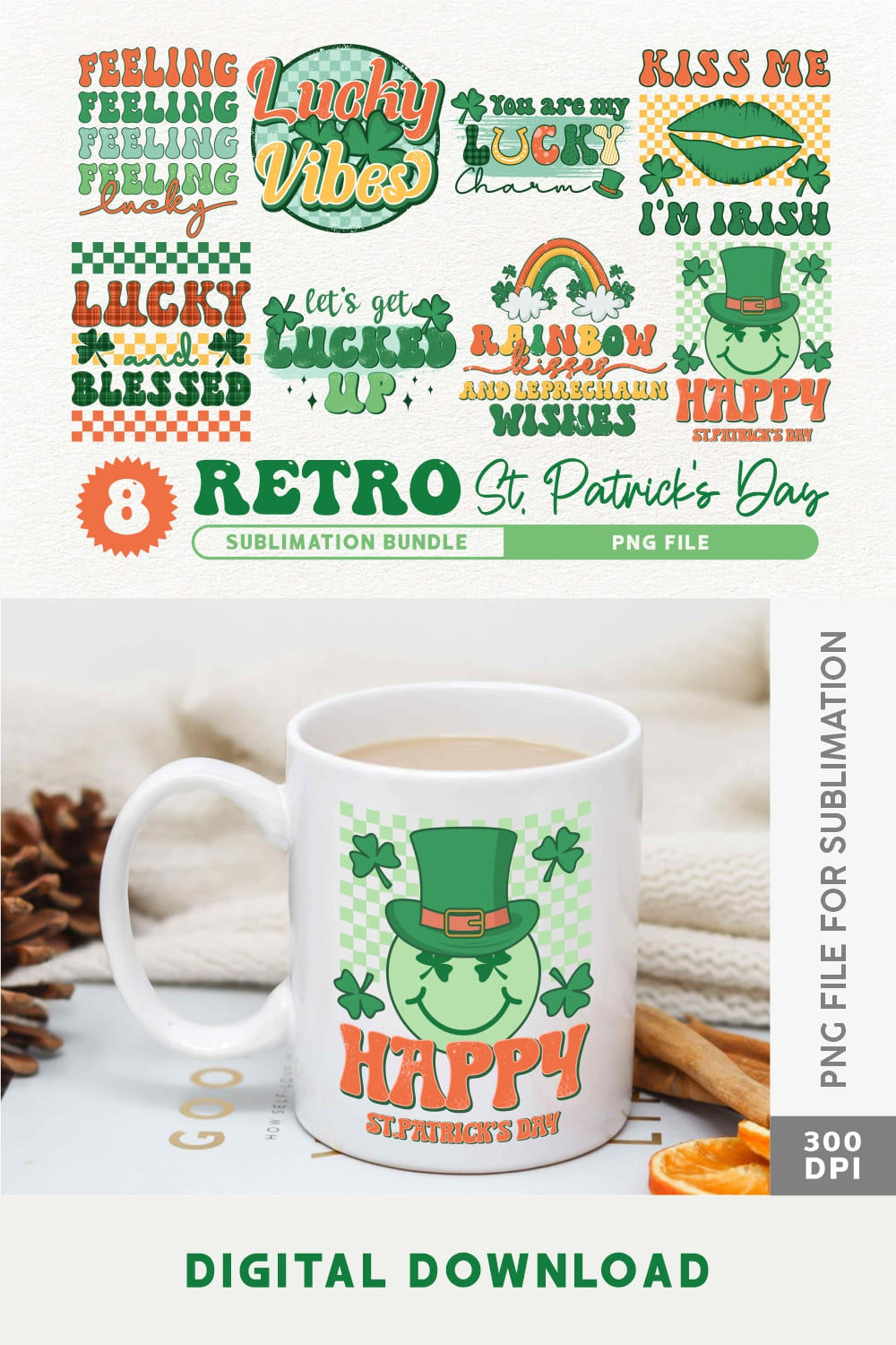 Retro St Patricks Day Quotes Sublimation Bundle PNG pinterest preview image.