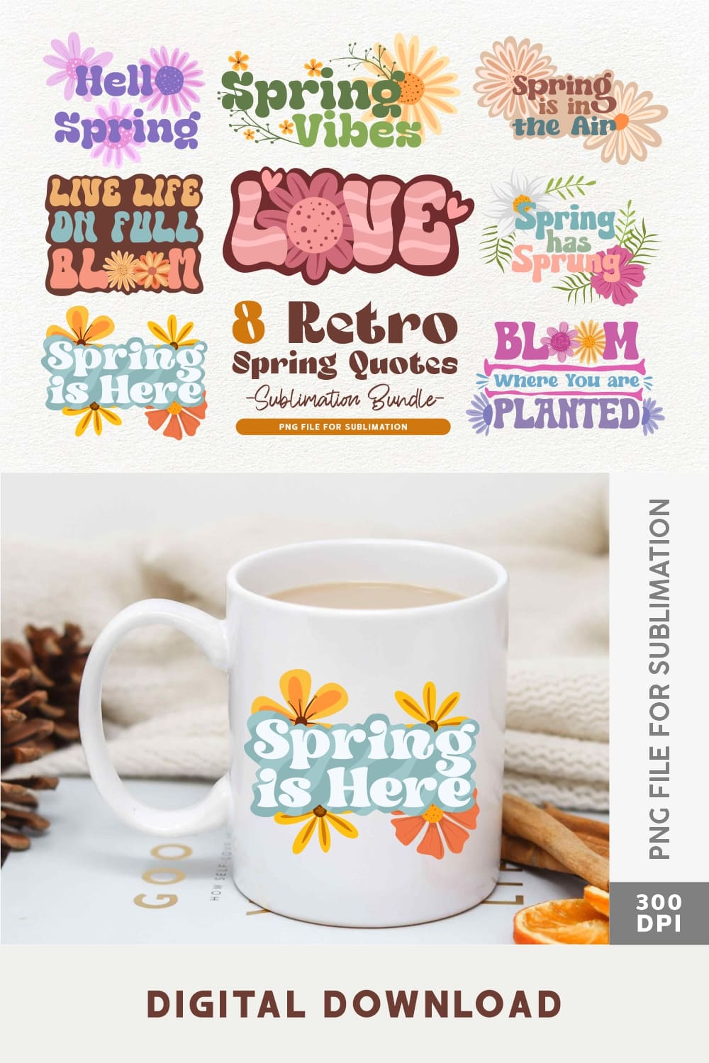 Retro Spring Quotes Sublimation Bundle, Spring PNG Pack pinterest preview image.