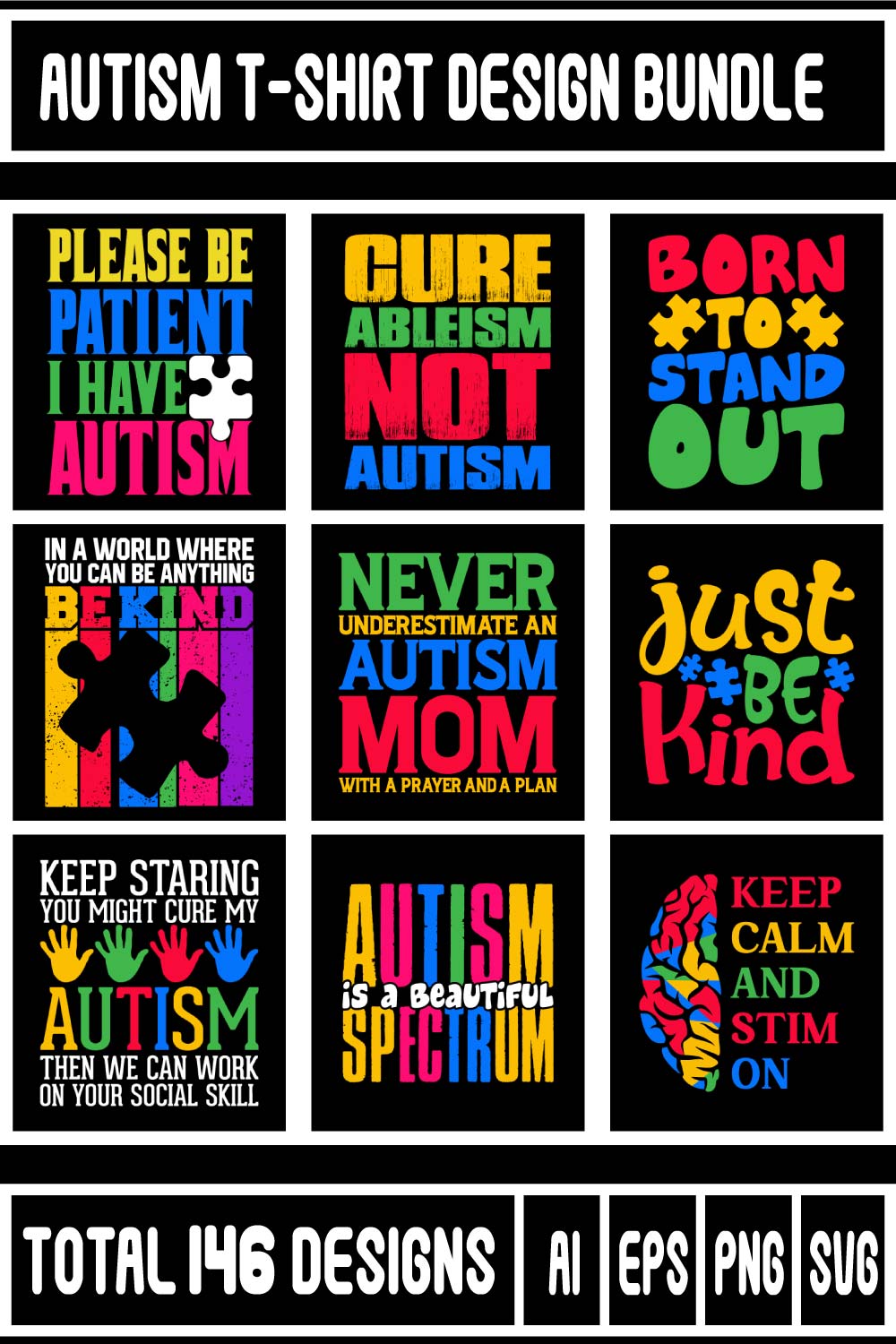 Autism T-shirt Design Bundle pinterest preview image.