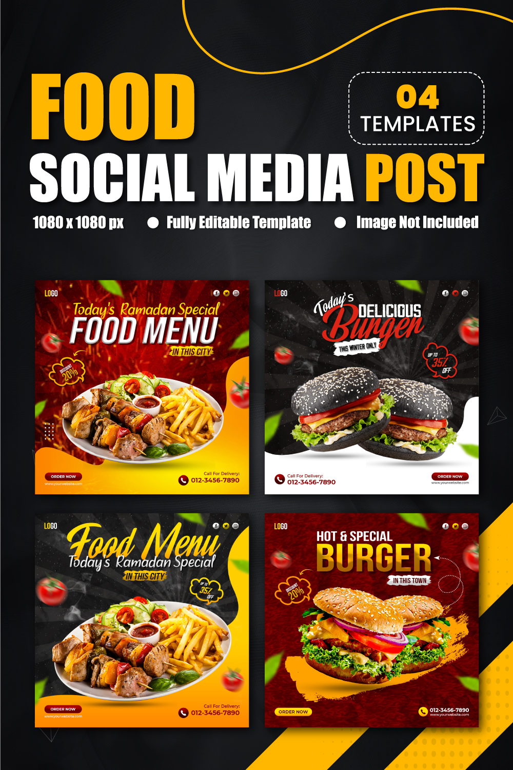 Modern Fast Food Social Media Promotional Post & Instagram Banner Design Template For Restaurant Business 4 Set pinterest preview image.