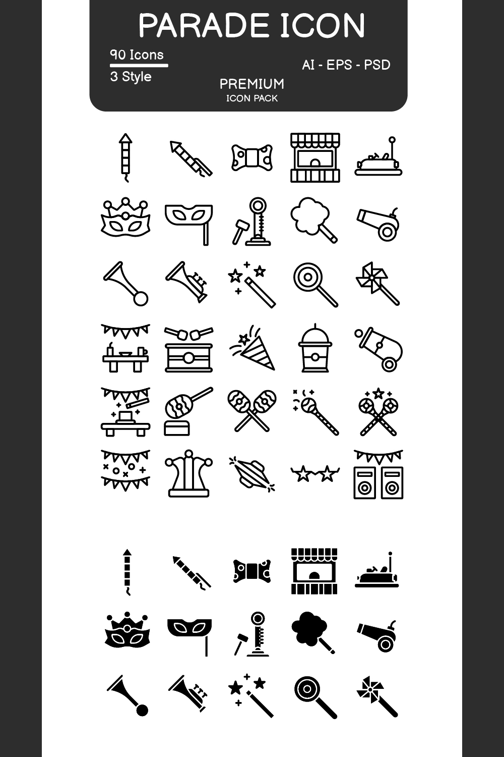 Parade Icon Set Black Style Design Sign and symbol pinterest preview image.