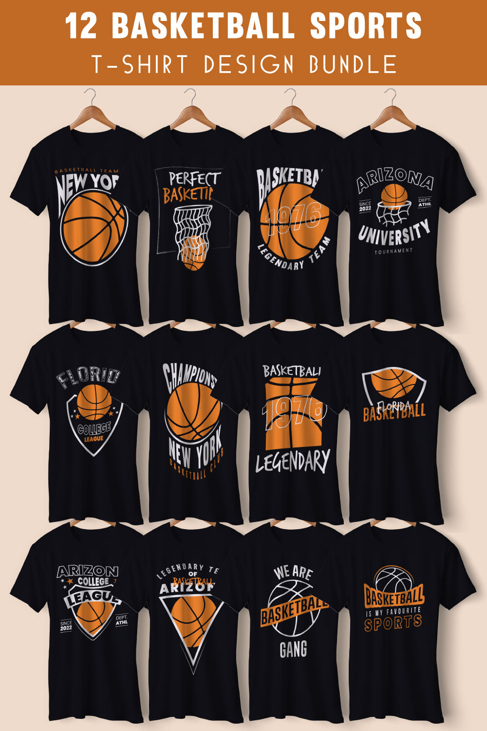 12 Basketball Sports T-shirt Design Bundle Vector Templated pinterest preview image.