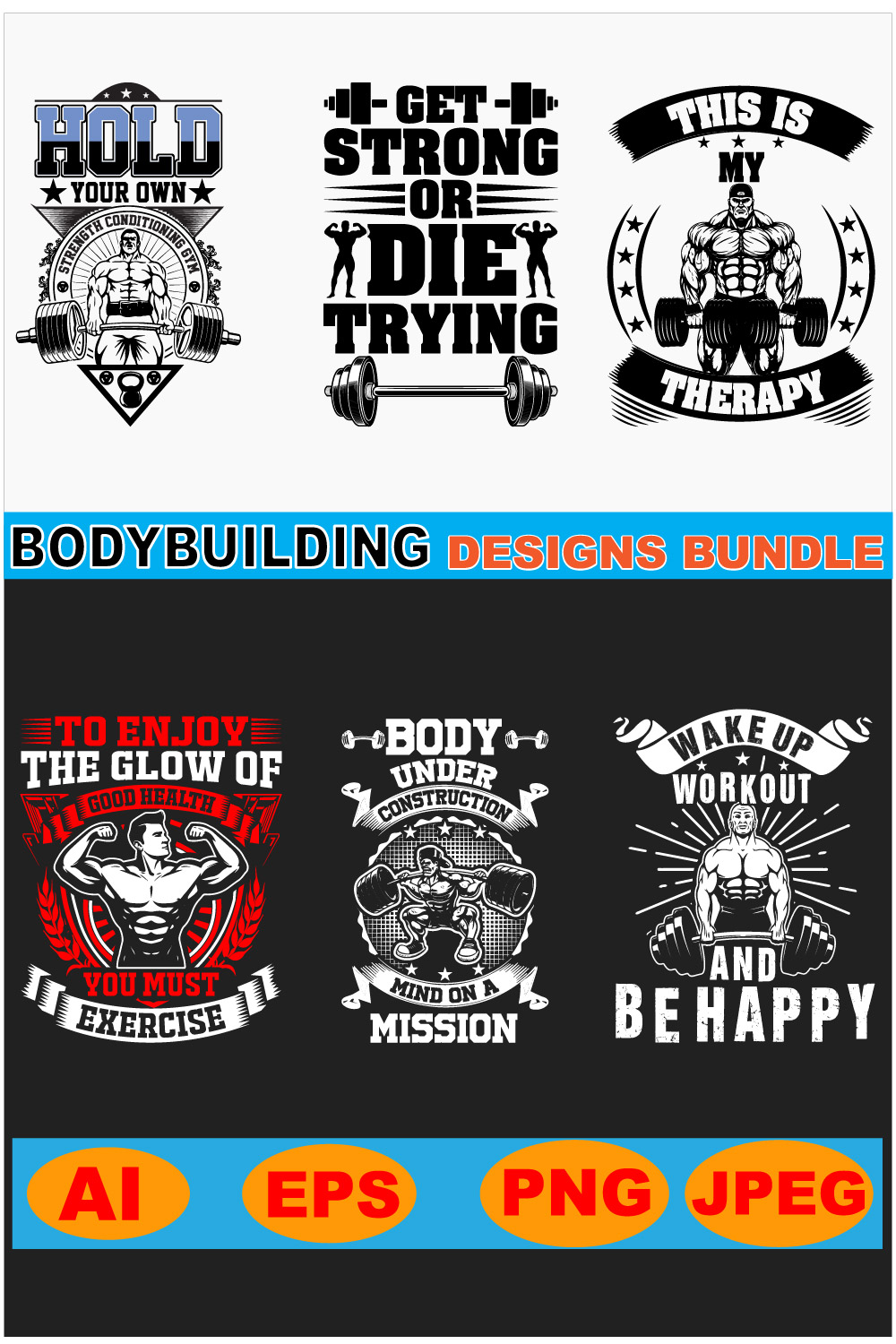 Gym & Fitness T-Shirt Design Bundle pinterest preview image.