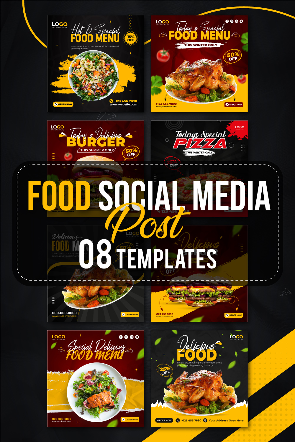 8 Restaurant Food Social Media Promotional Post Design Template pinterest preview image.
