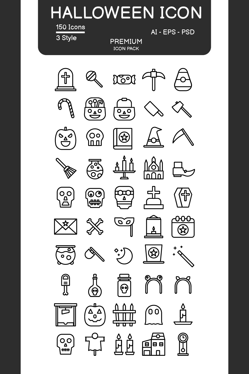 Halloween Icon Set Black Style Design Sign and Symbol pinterest preview image.