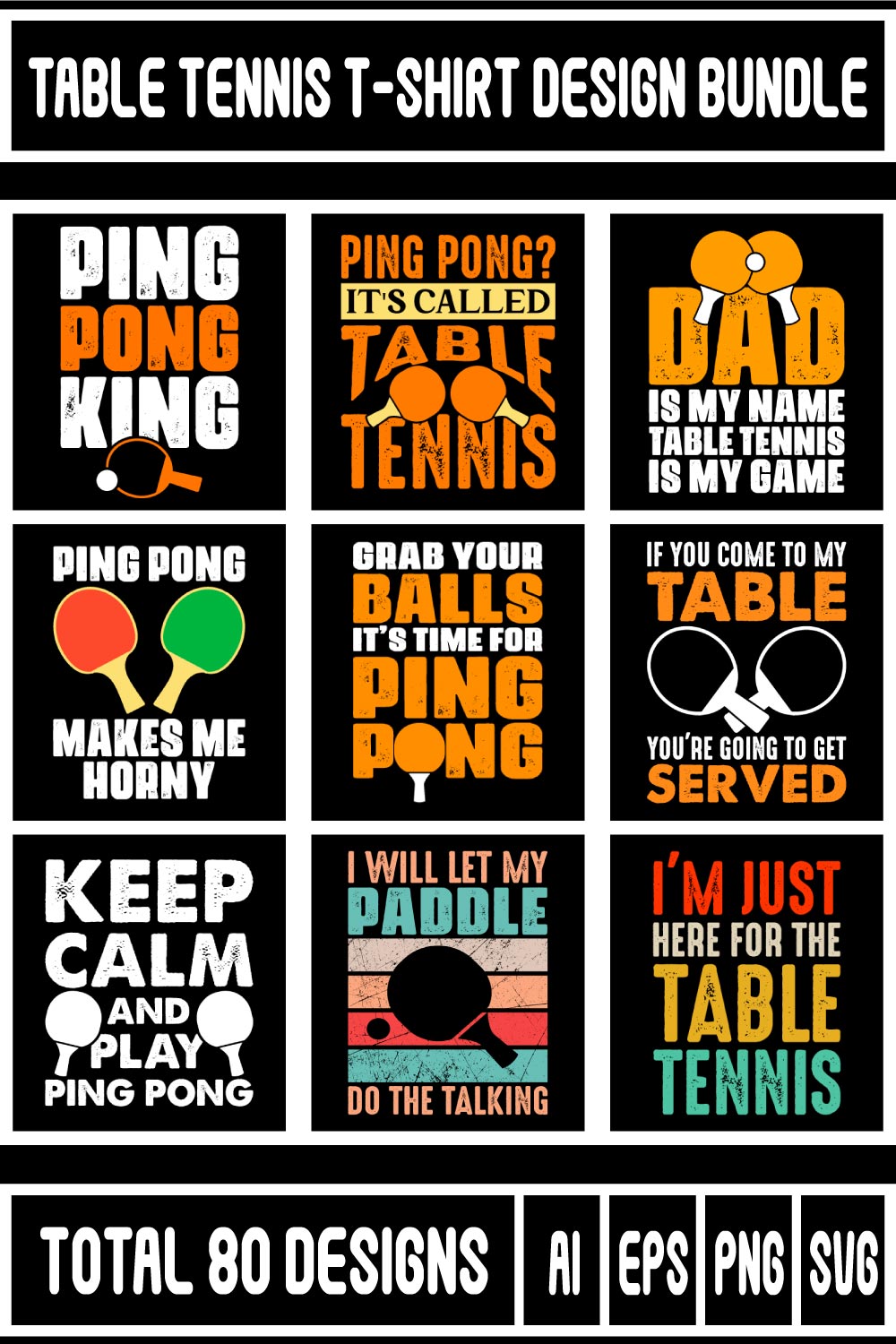 Ping Pong Table Tennis T-shirt Design Bundle pinterest preview image.