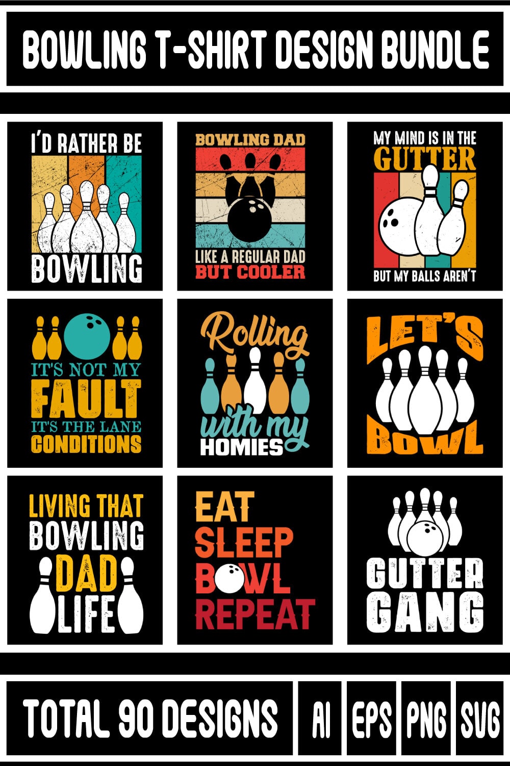 Bowling T-shirt Design Bundle pinterest preview image.
