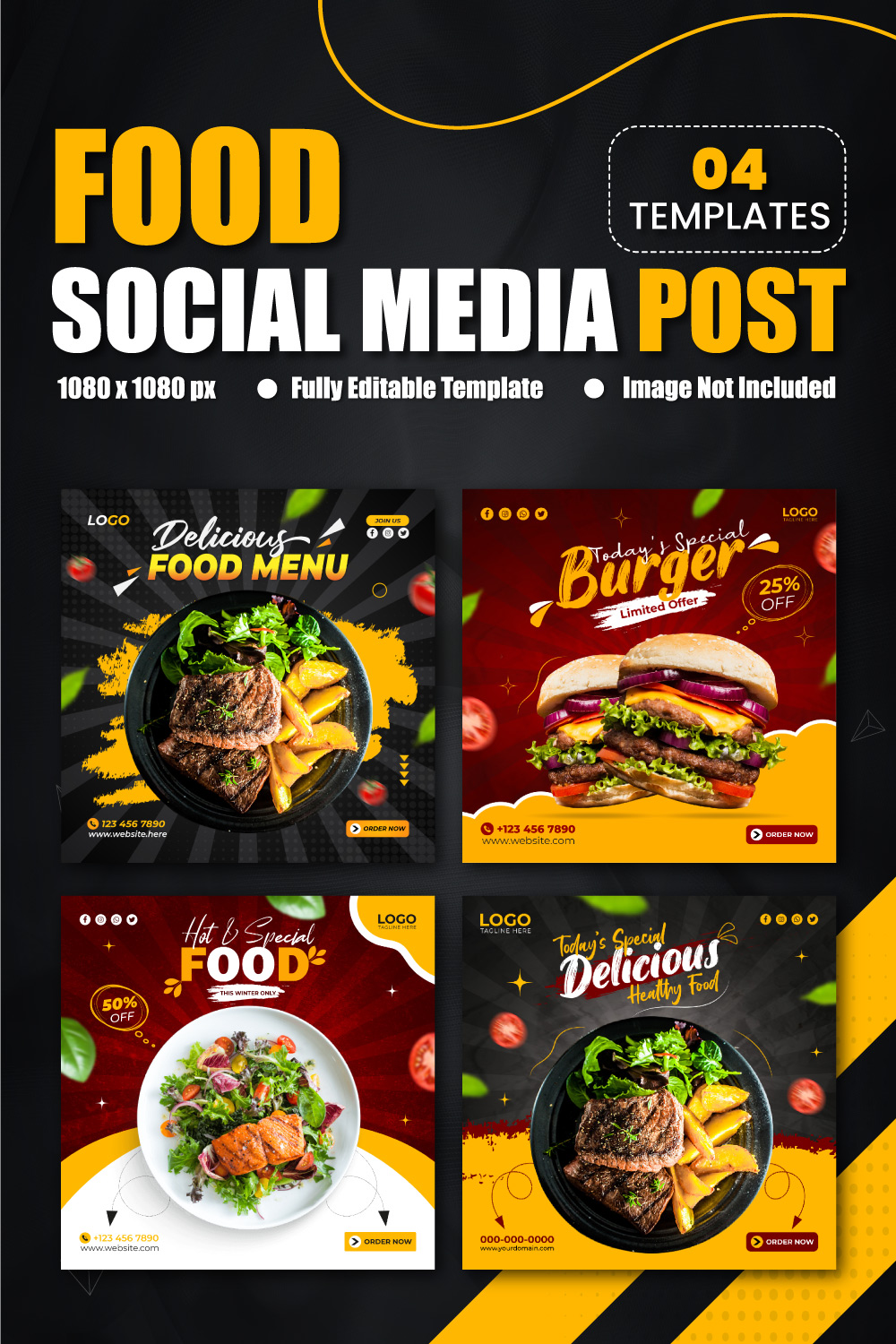 Food Social Media Promotional Post & Instagram Banner Design Template for Restaurant Business 4 Set pinterest preview image.