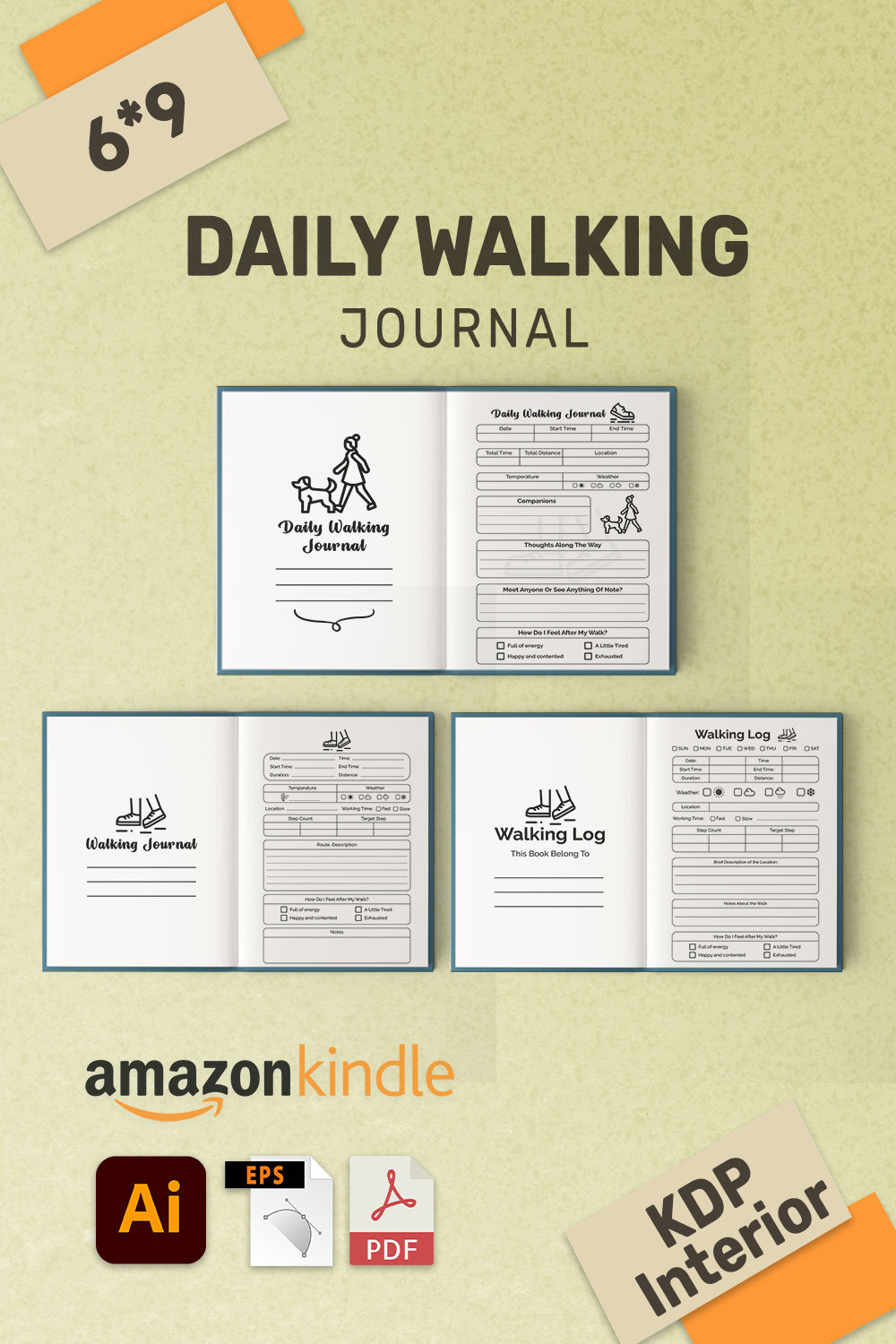 3 Daily Walking Log Book Journal KDP Interior Bundles pinterest preview image.