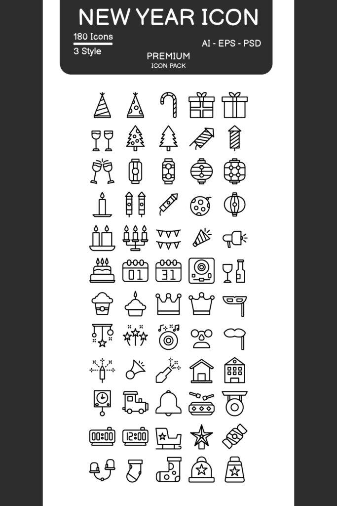 New Year Icon Pack Black Style Design Sign And Symbol - MasterBundles