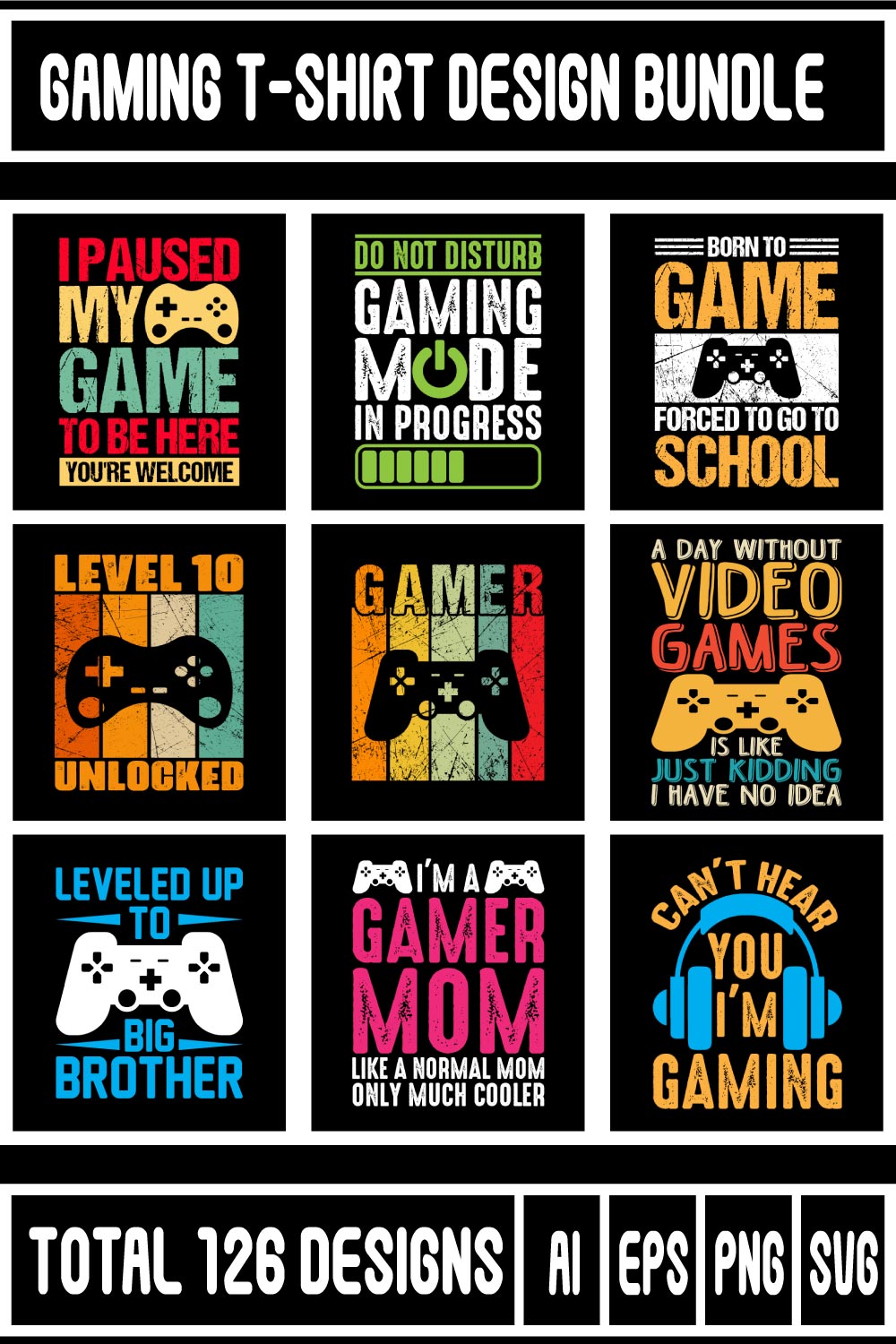 Gaming T-shirt Design Bundle pinterest preview image.